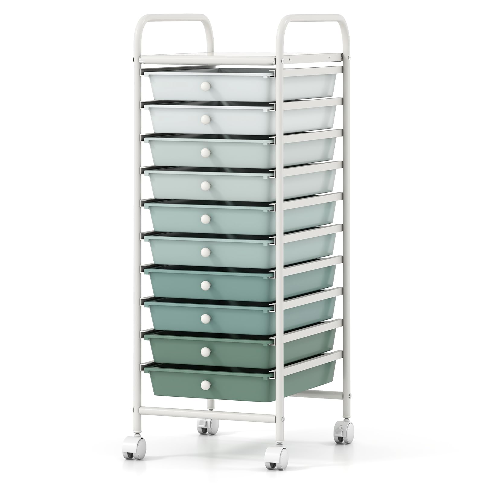 COSTWAY 10 Drawers Storage Trolley, Home Office Stationary Rolling Cart with 4 Wheels, Multipurpose Mobile Organiser Shelving Unit for Makeup Beauty Salon (33 x 38 x 86cm, Gradient Green)