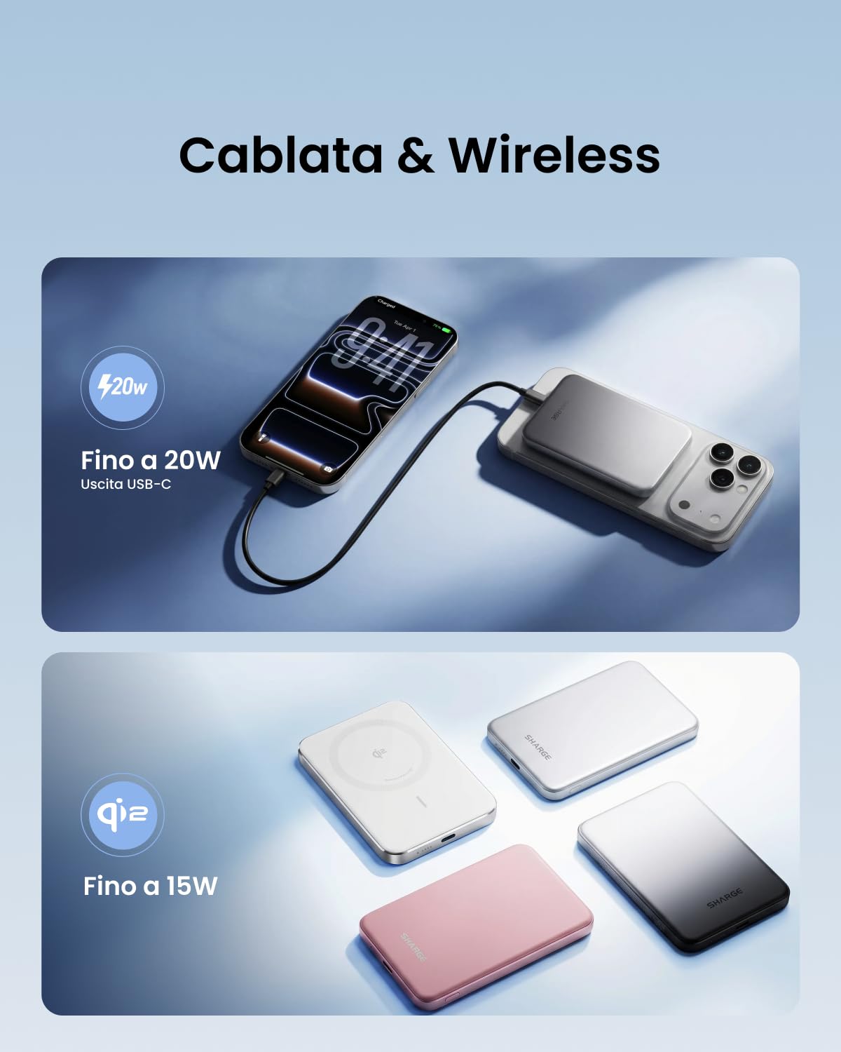 SHARGE Slim Power Bank Magnetico 5000mAh, Qi2 15W Ricarica Rapida Powerbank | Design Ultra Compatto e Leggero, Batteria Esterna Wireless Compatibile con iPhone 17/16/15/14