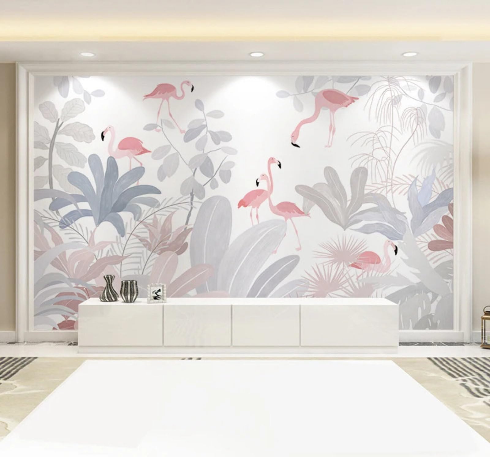 Xlming 300Cm×210Cm(B×H) Minimalist Hand Drawn Botanical Banana Leaf Flamingo 3D Wallpaper Premium Textured Silk Study Dining Living Room Bedroom Sofa Tv Wall Easy Install-300Cm×210Cm