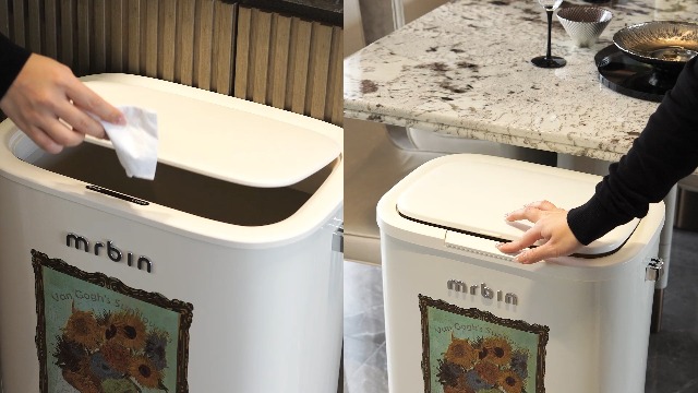 Image of MRBIN Metal Kitchen Trash Can with Wheel Legs, 36L / 9.5gal Medium Press Lid Slim Removable Waste Basket, Pet Proof Tall Narrow Garbage Pail for Vanity, Bedroom, Bathroom, Living Room, Wheatfield
