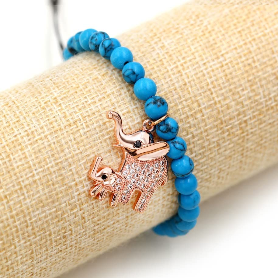 Image of Matte Agate Black Onyx /Turquoise Beads Bracelet, Good Luck Mom and Baby Elephant Bracelet, To My Mom Bracelet Gifts for Mothers Day from Daughter