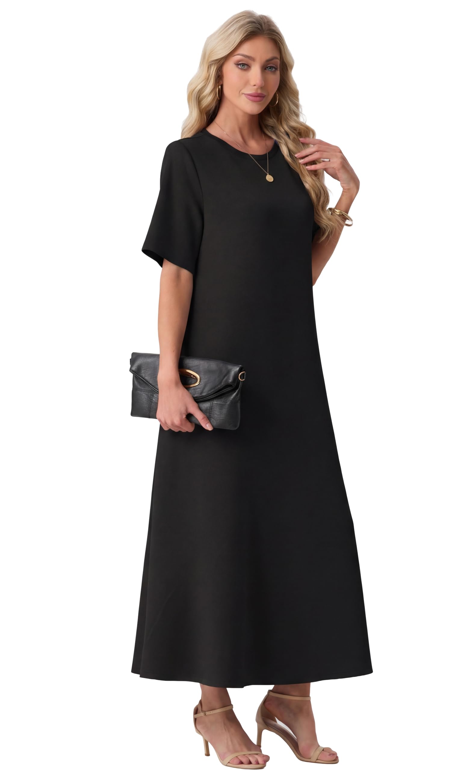 GRECERELLE Damskie letnie sukienki UK sukienka maxi z krótkim rękawem z kieszeniami damskie eleganckie sukienki świąteczne na co dzień dla kobiet oddychająca sukienka przeciwsłoneczna