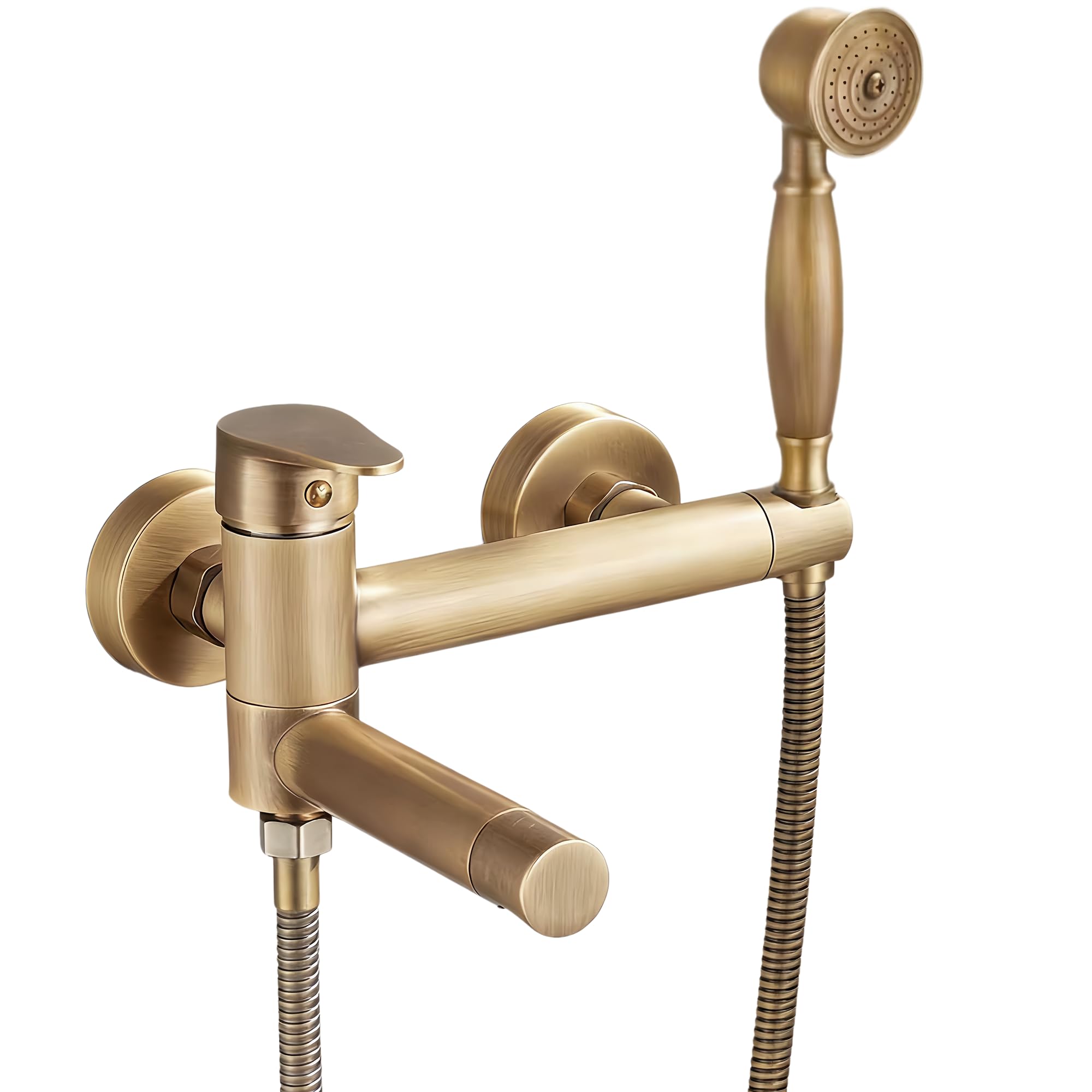 Grifo Mezclador para Bañera con Ducha, Grifo de Pared para Bañera de Latón Antiguo con Boca Giratoria a 90 ° Latón Cepillado Estilo Retro Caño Giratorio 18cm