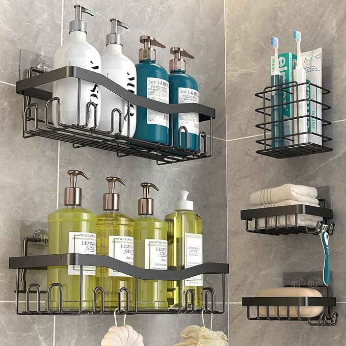 Image of Nieifi KIMEE 5 Pcs Bathroom Organiser Without Drill - Stainless Steel Bathroom Accessories Set, Self Adhesive Shower Caddy Stand for Wall, Rustproof Storage Rack for Shampoo, Soap, Toothbrush Holder