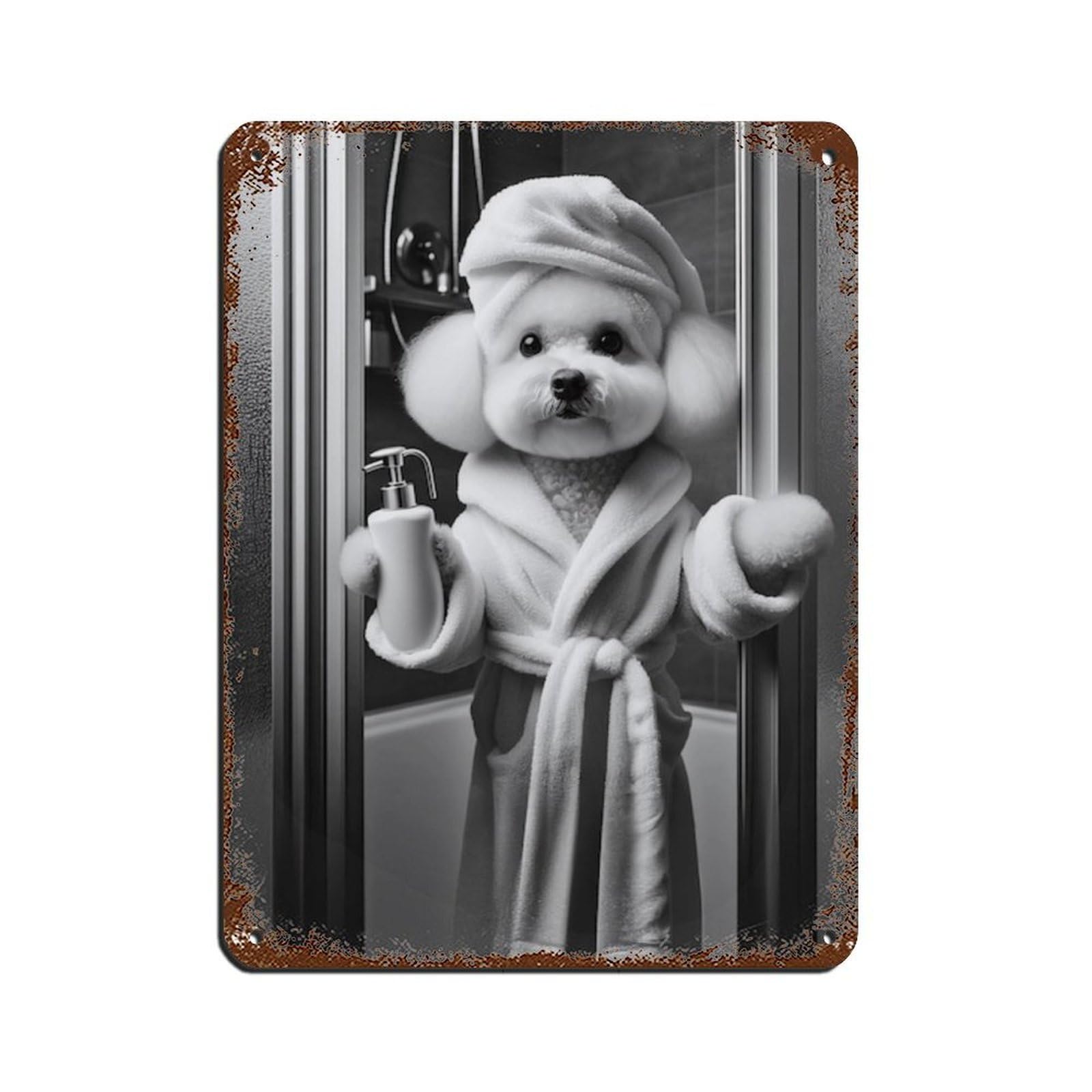 Lxwnze 30L X 40W Cm Bichon Frise Bathroom Art Poster Retro Poster Metal Tin Sign Chic Art Retro Iron Painting Bar People Cave Cafe Family Garage Poster Wall Decoration 12X16inch(30X40cm)