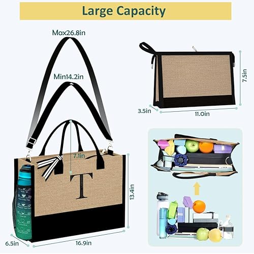 Miniatura 4 de Jute Initial Tote Bag Burlap Beach Bag Personalized Birthday Gifts for Women Teacher Mom Bridal Bridesmaid Gifts