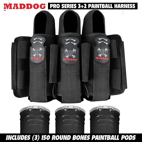 Miniatura 2 de Maddog Pro 3+2 - Paquete de cápsula de arnés de paintball con (3) cápsulas de paintball Bones de 150 rondas  Expulsión de cápsulas  Cinturón