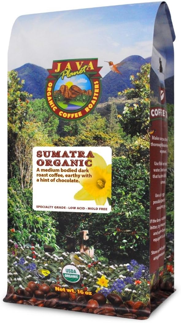 Java Planet Organic, Sumatra Single Origin Dark Roast, Smooth Full Flavored Organic Coffee Beans, Low Acid, Whole Bean Coffee 1LB Bag