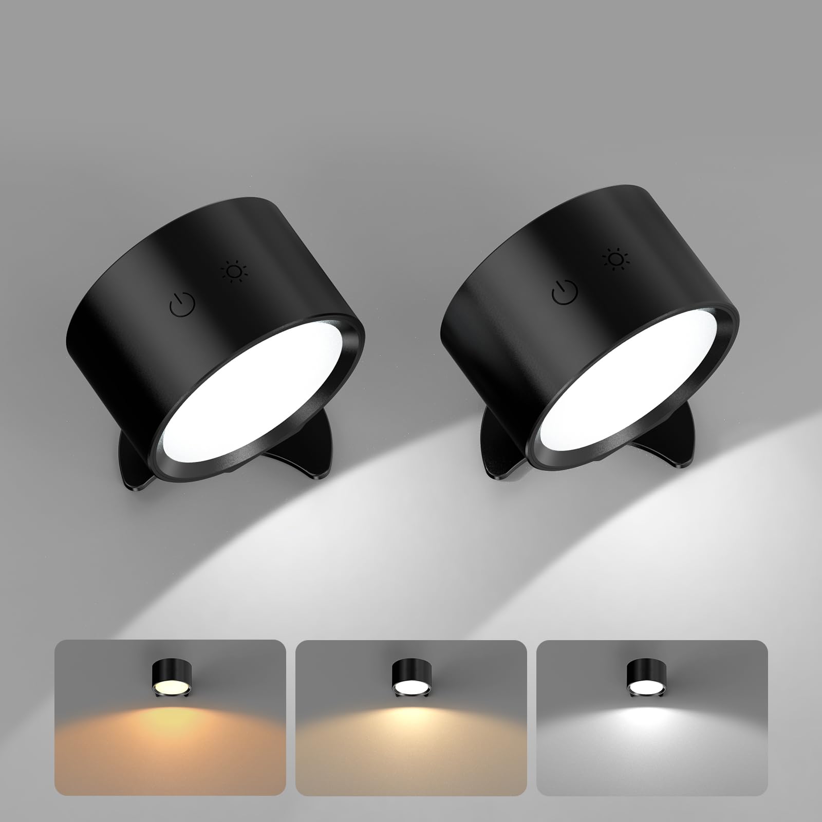 Apliques pared interior sin cable para evitar obras, pack de 2 lamparas negras regulables de 360° 8