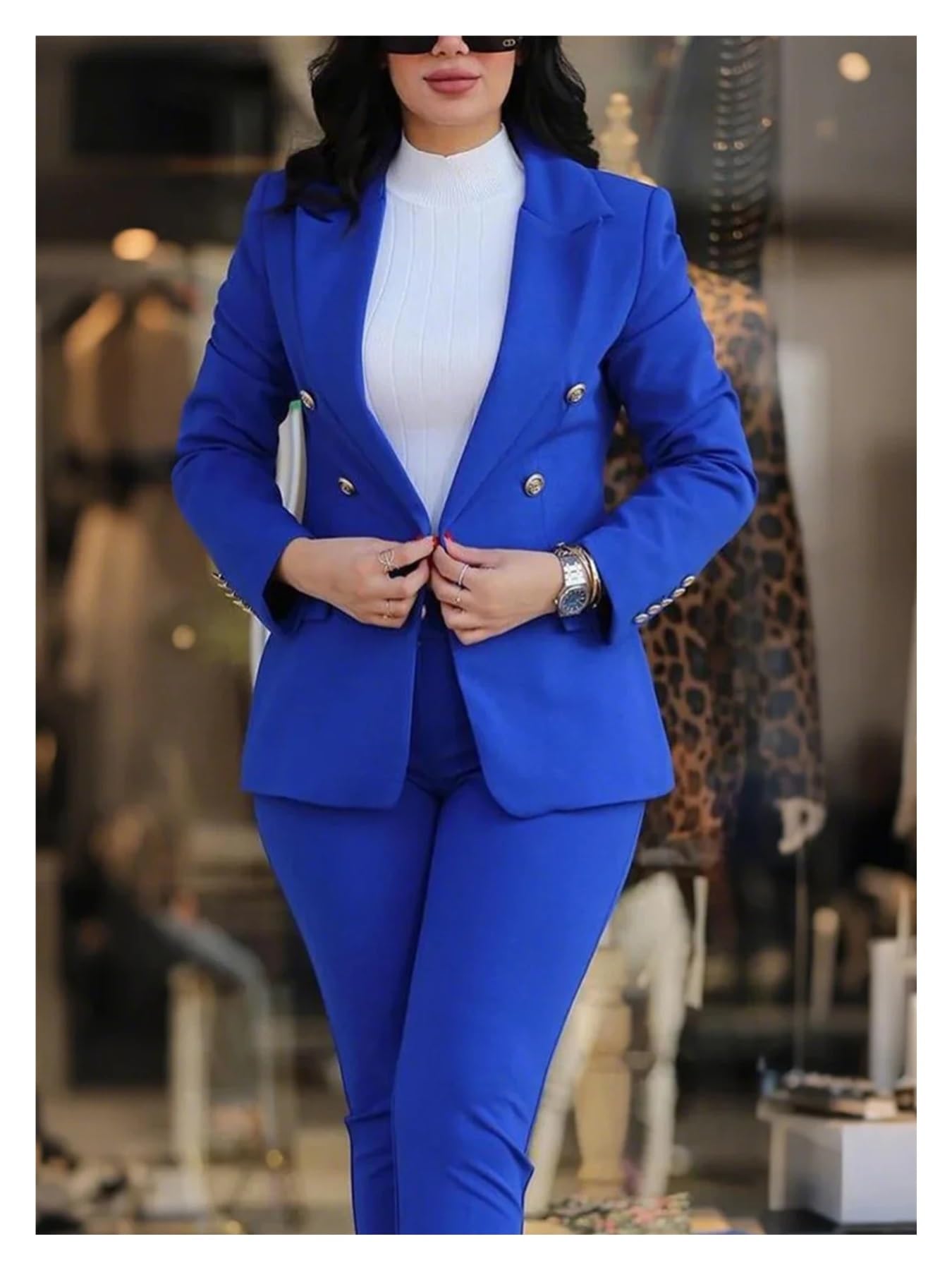 Elegante Conjunto de Dos Piezas for Mujer, con Chaqueta Cruzada Manga Larga Solapa y Pantalones Ajustados Cintura Alta para Negocios, Trabajo, Oficina, Formal