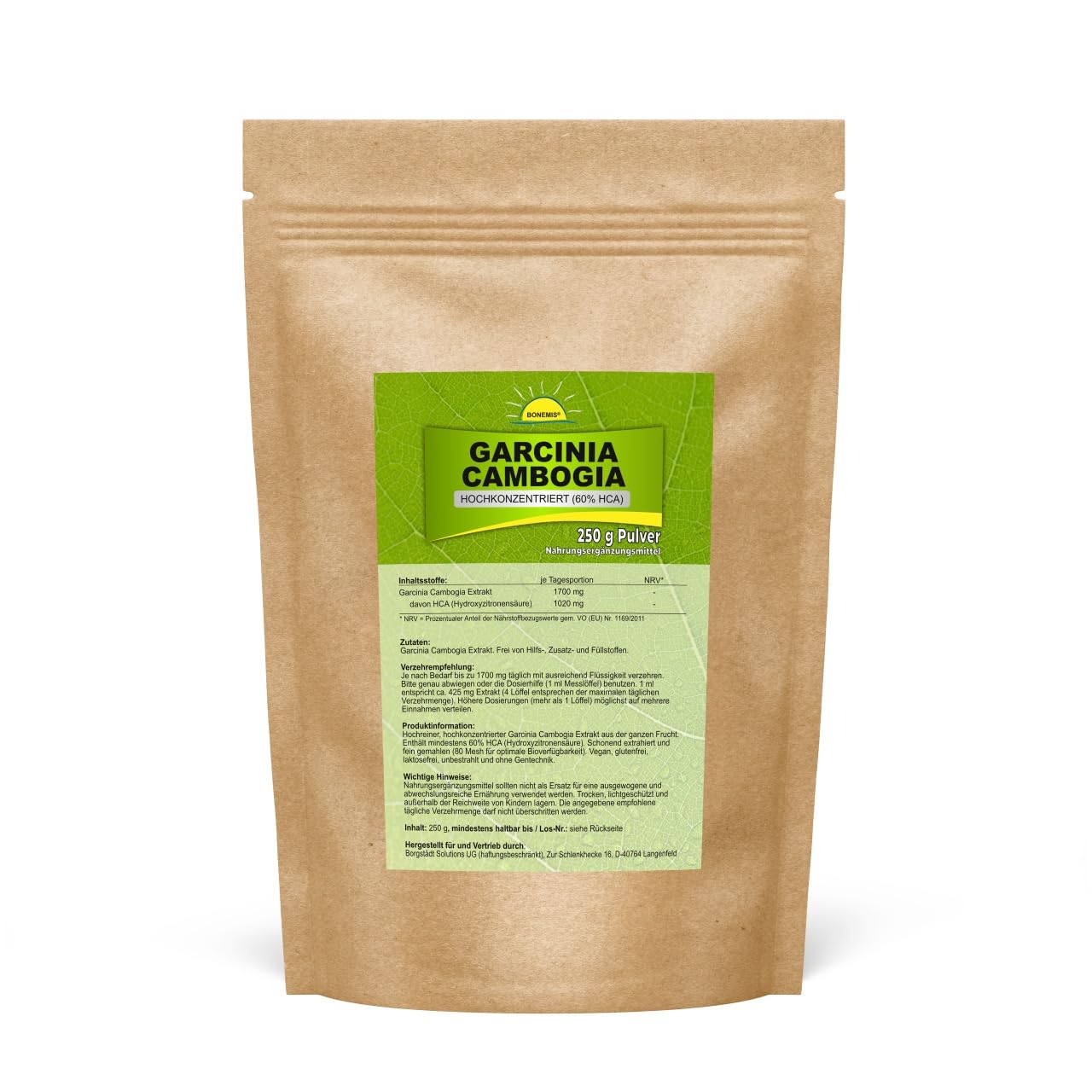 Garcinia Cambogia Extrakt, hochkonzentriert (60% HCA), ohne Zusatzstoffe, 250 g Pulver im Beutel, Bonemis®