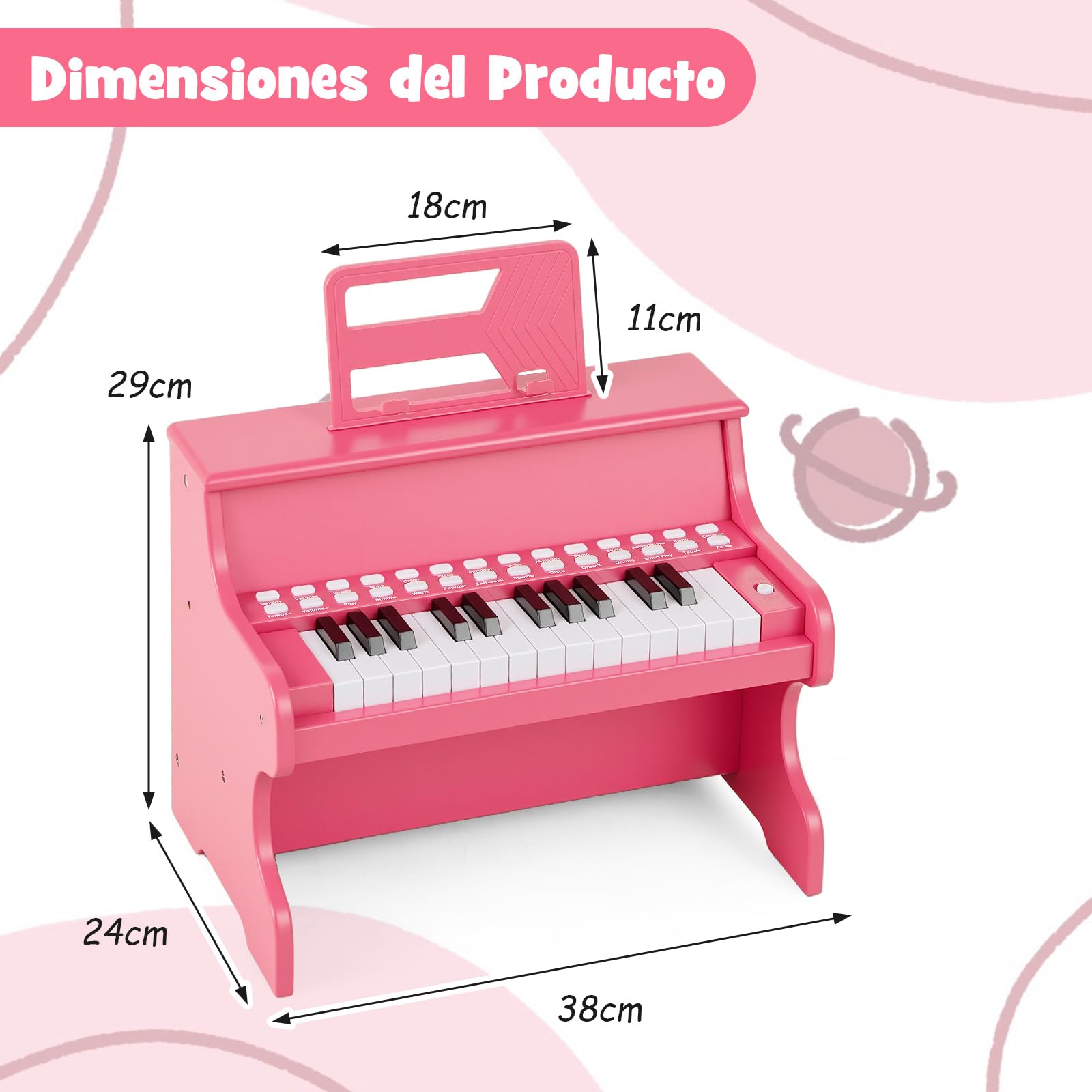 COSTWAY Piano Infantil de 25 Teclas, Organo Electronico Niños, Juguete Piano de Madera con Velocidad y Volumen Ajustables, Modo de Enseñanza, Atril, Instrumento Musical Infantil 3+ Años (Rosa)