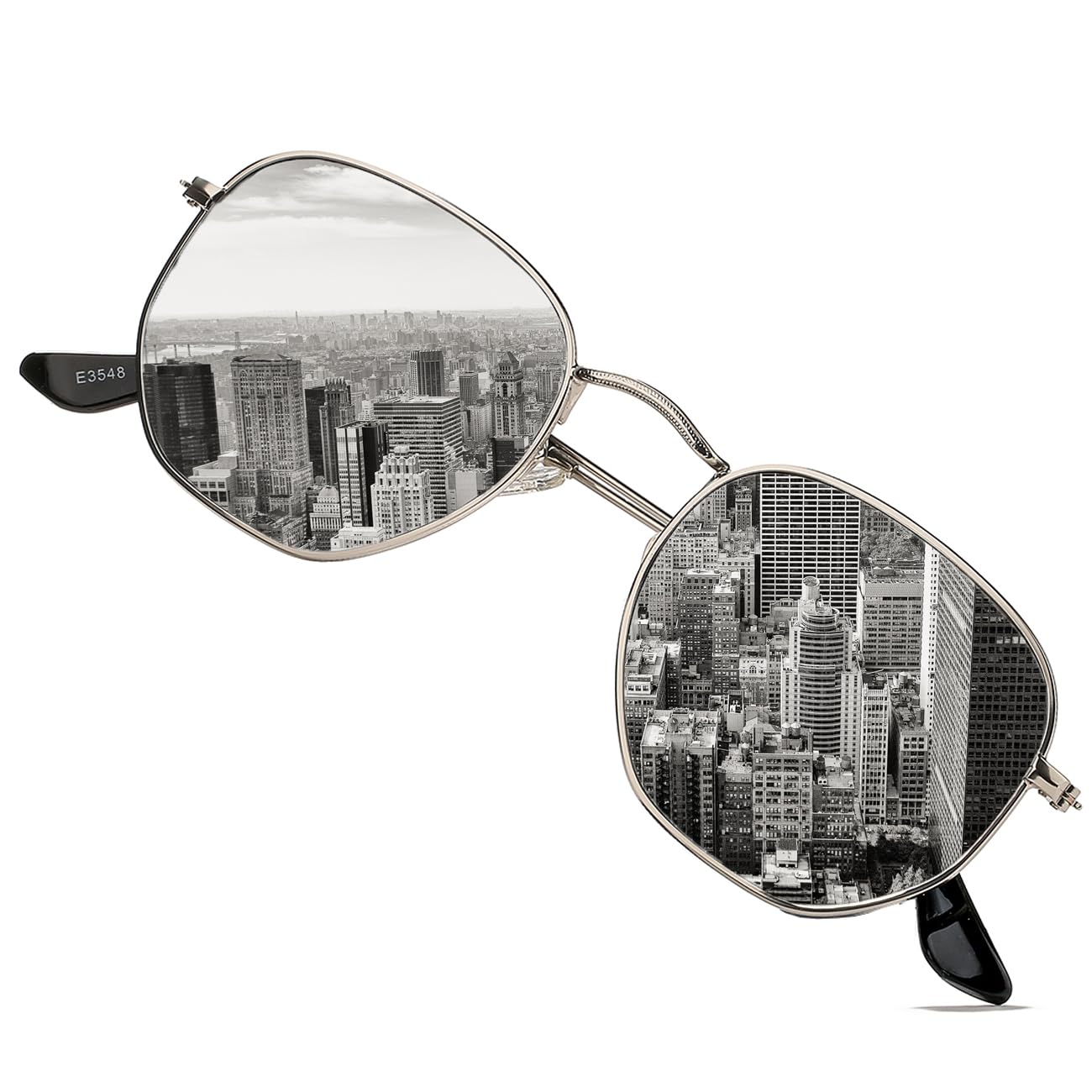 HJSTES Small Polarized Sunglasses Women Men Trendy Hexagonal Metal Frame Mirrored Lens UV Protection