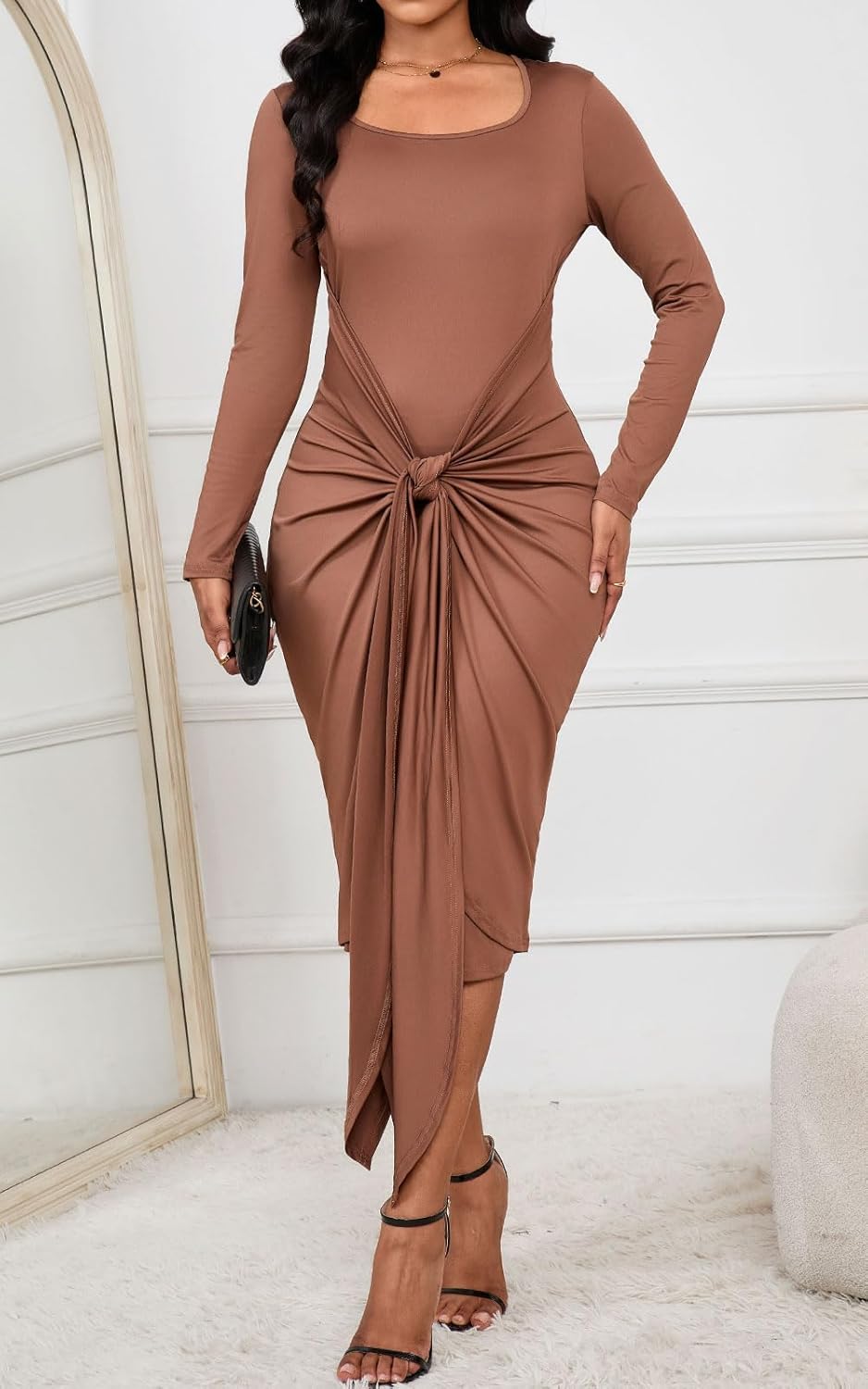 ENOPINK Fall Bodycon Dresses for Women 2026 Spring Long Sleeve Midi Dress Square Neck Party Club Wrap Long Dress - Image 5