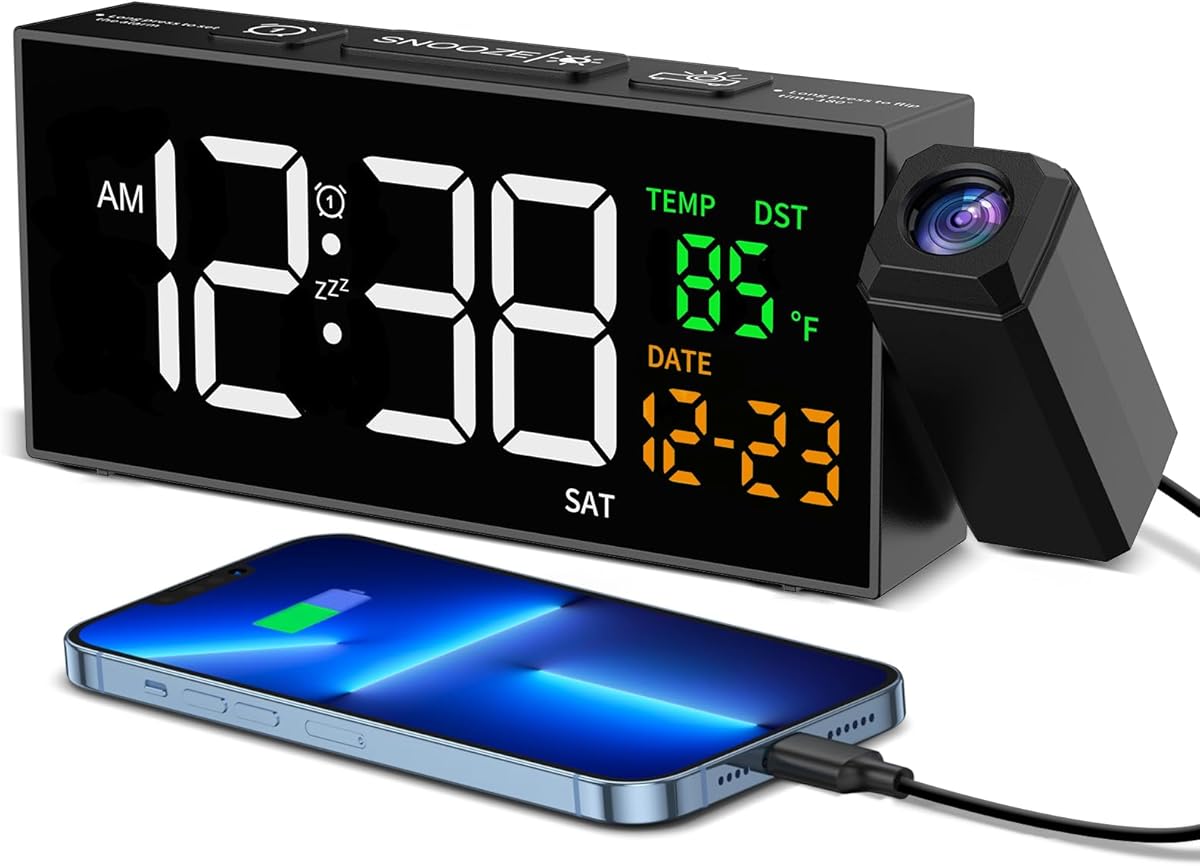 Digitaler Wecker mit Projektion, Projektionswecker mit 350° Projektor, Thermometer, Datum, Große Anzeige, 10 Klingeltönen, Snooze, 4 Helligkeit, 4 Lautstärke, Manuell DST, Lauter Wecker Schlafzimmer
