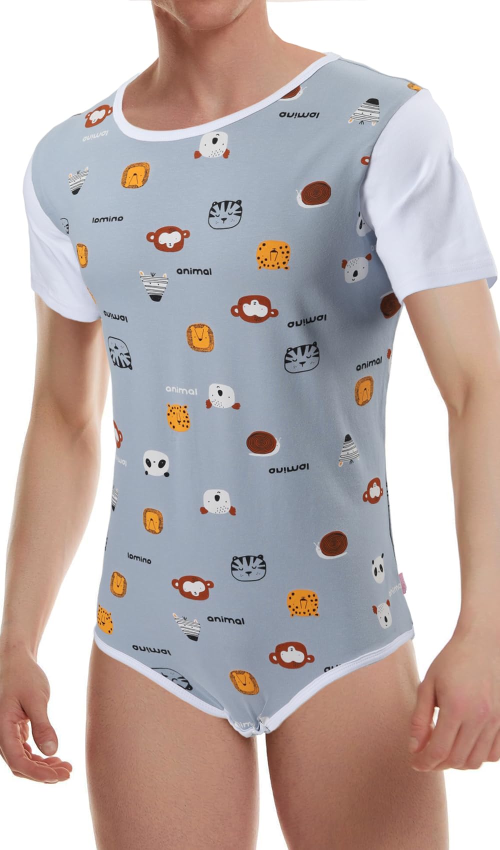 CutiePlusU Männer Baumwolle Knopf im Schritt Bodysuits Erwachsene Strampler Onesie für Männer drucken