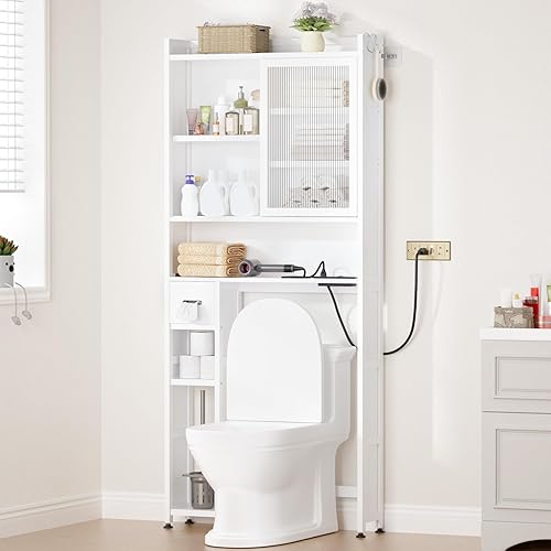 Armario de almacenamiento sobre el inodoro con panel de puerta de acrílico y cajón de toallas de papel, estante de bambú para ahorrar espacio,