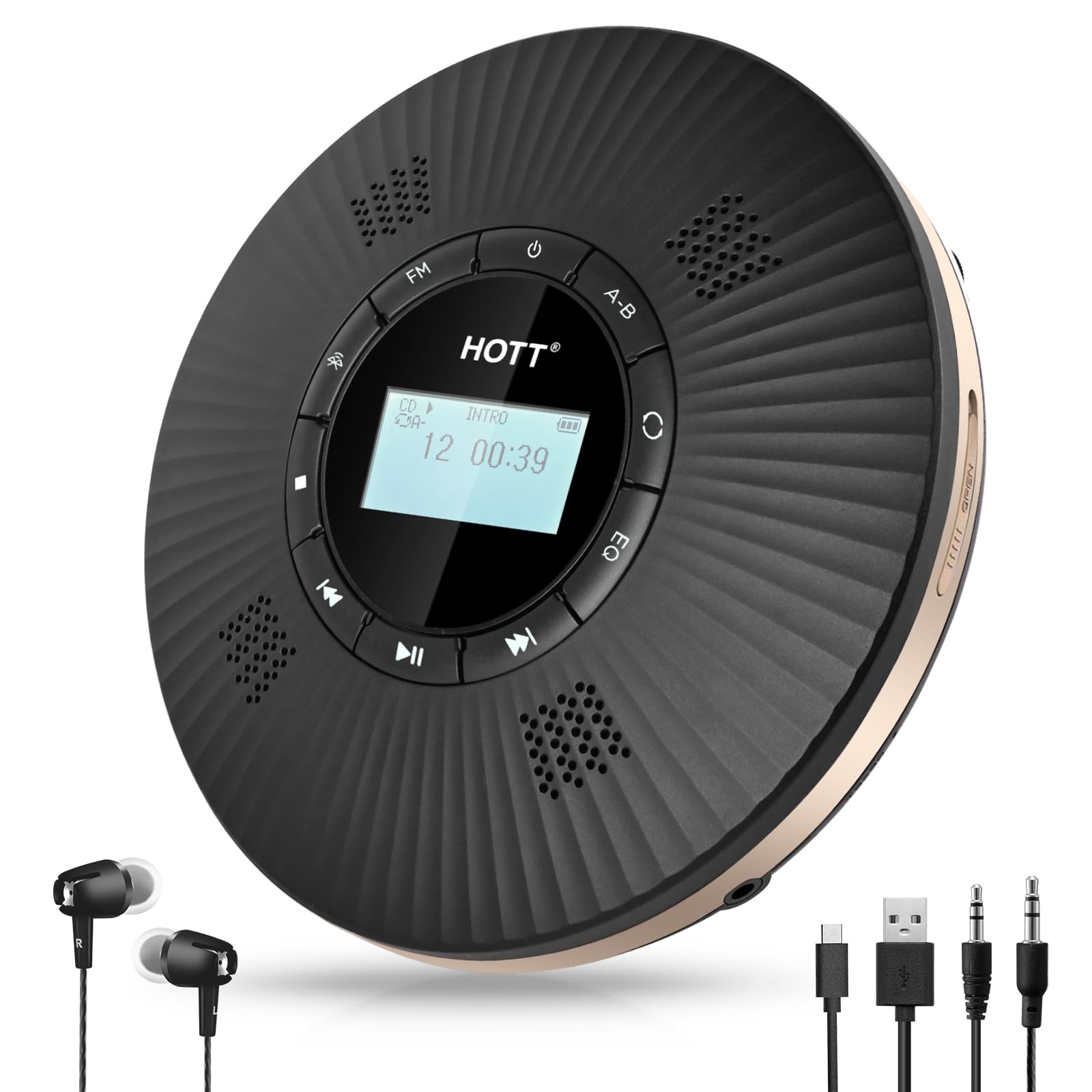 HOTT Tragbarer Bluetooth CD Player mit 4 Lautsprechern, FM-Transmitter & Anti-Skip, 1800mAh Akku mit Kopfhörern für Auto & Zuhause，Schwarz