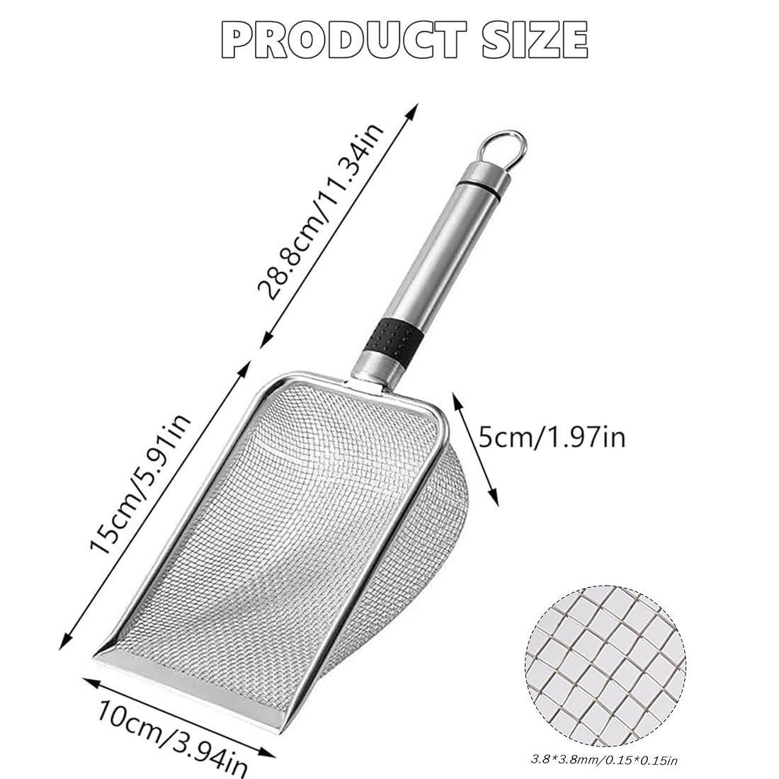 Szufla dla kota ze stali nierdzewnej do kuwety, rozmiar porów 3,8 mm, metalowa, nieprzywierająca szufla do żwirku dla kotów, stop aluminium, szufla do kuwety dla kotów