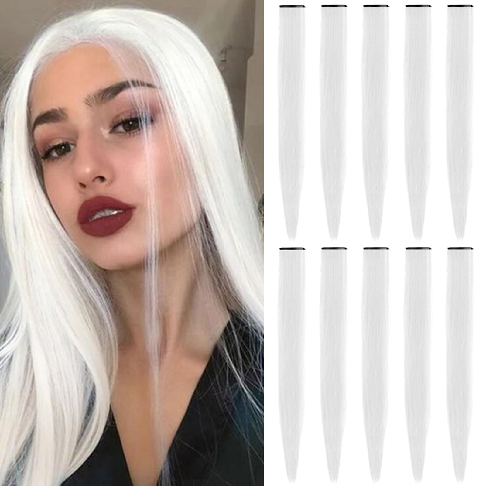 TOFAFA 22 inch Colored Hair Extensions, Multi-colors Party Highlights Clip in Synthetic Hair Extensions for Halloween Girl Women Kids Party Gift (10 PCS White)