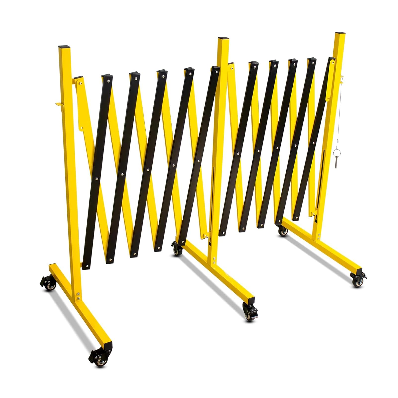 Industrial Expandable Metal Barricade 17 Feet, Yellow and Black Mobile Safety Barrier Gate, Retractable Traffic Fence with Casters, Folding Expandable