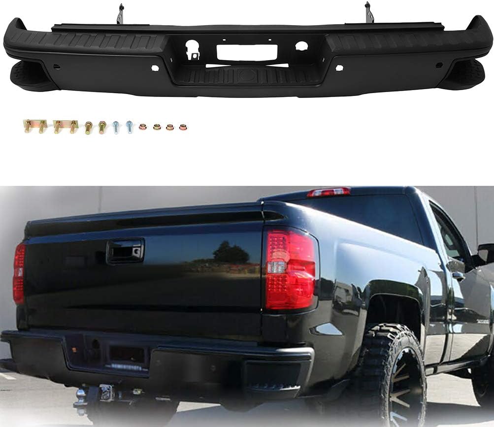 scitoo heavy duty steel rear bumper fit for 2014-2018 for chevy for silverado 1500 for gmc for sierra 1500 w/park texture black bumper,comes with parking sensor holes