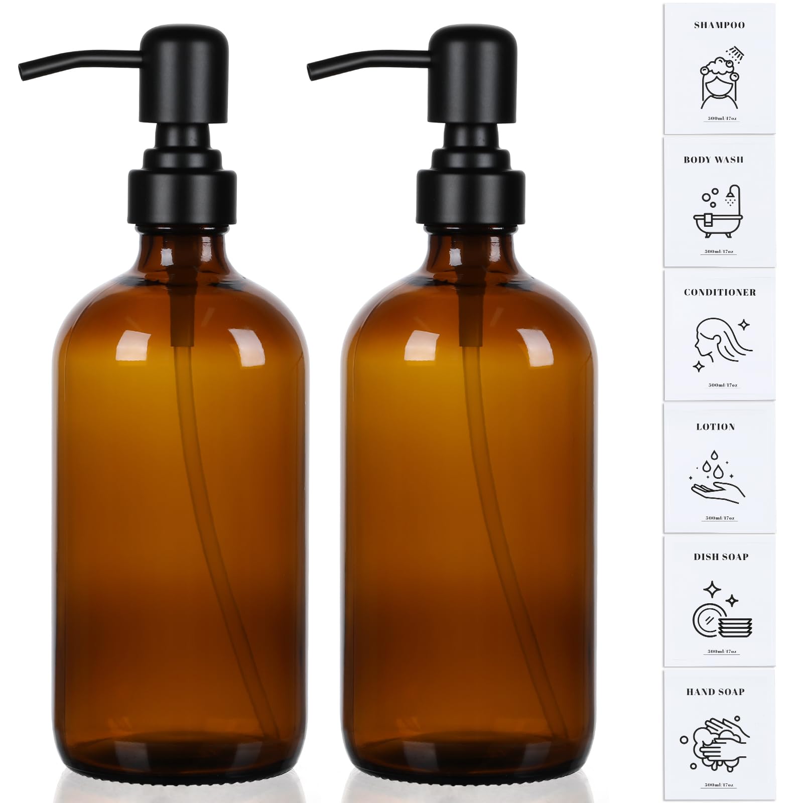 Ceecysaa Glass Soap Dispenser, 500 ml Soap Dispenser, 2 Pack Bathroom Hand Soap Dispenser with Pump, Amber Glass Bottles,Hand and Dish Soap Dispensers Sets for Kitchen,Bathroom