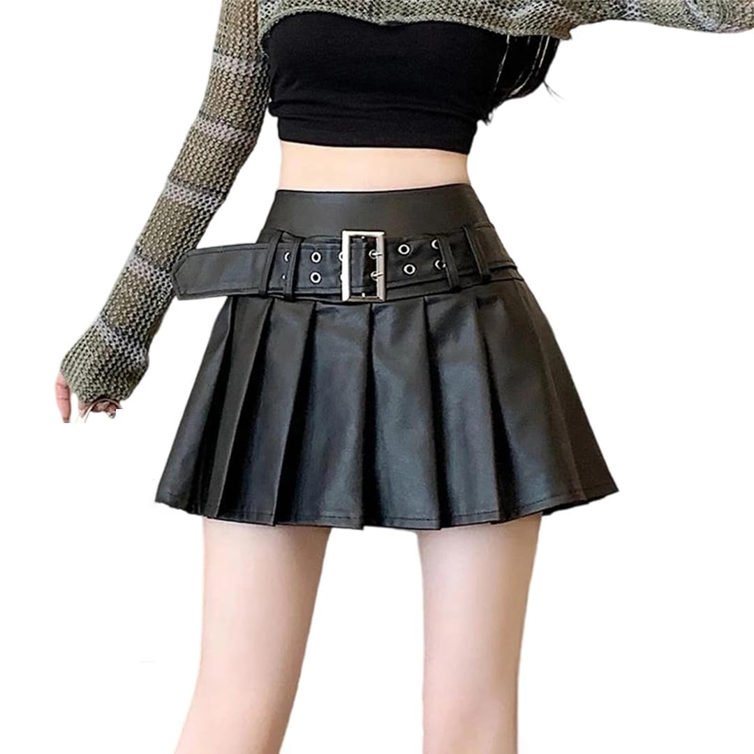 Kelsiop Minifalda plisada de piel sintética gótica para mujer, estilo punk, estilo Harajuku Streetwear