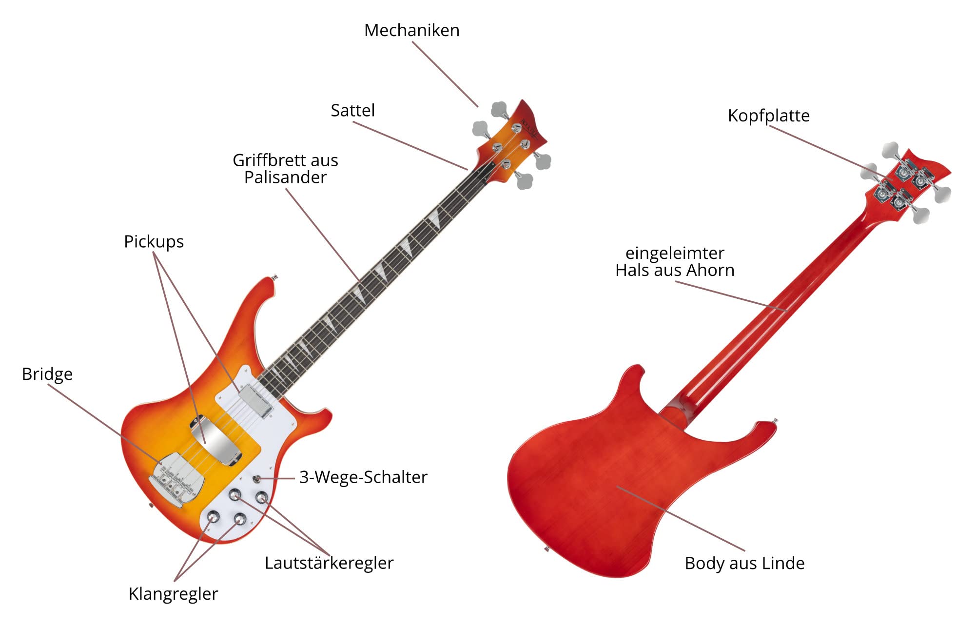 Rocktile Redneck E-Bass (Longscale, Humbucker, Single Coil, eingeleimter Hals) Red Sunburst