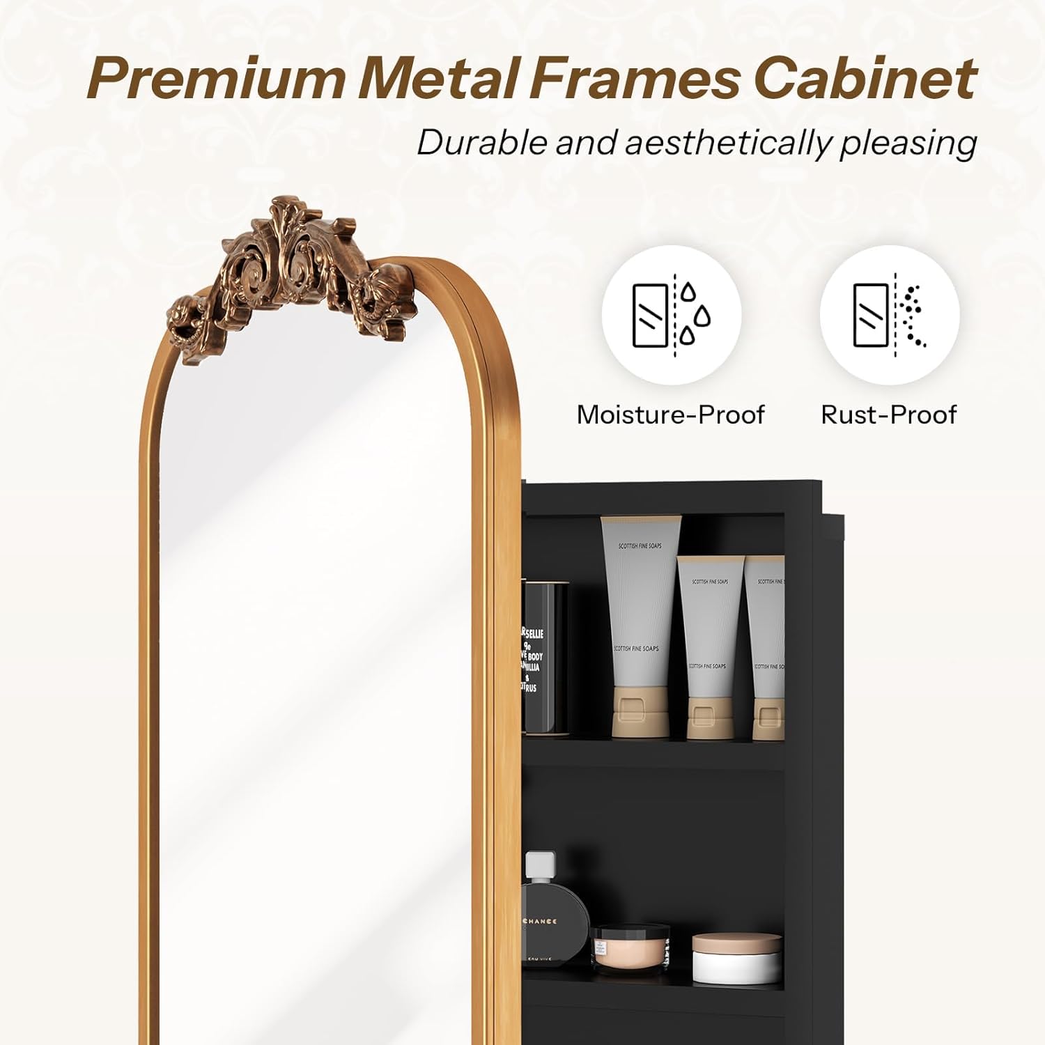 16x24 Inch Bathroom Medicine Cabinet with Mirror, Recessed or Surface Mount, Sturdy, Durable & Easy Installation, Vintage Metal Frame(Gold)