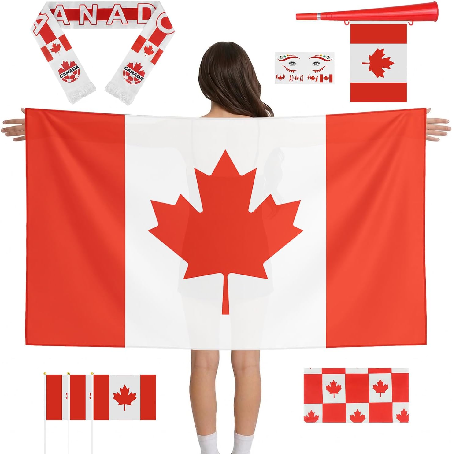 World Cup Canada 6 in 1 Fan Party Kit | Headband, Whistle, Cloak, Muffler, 3 Flags & Face Stickers | 2026 Soccer Party Decorations, Canada Flag Game Day Gift Set