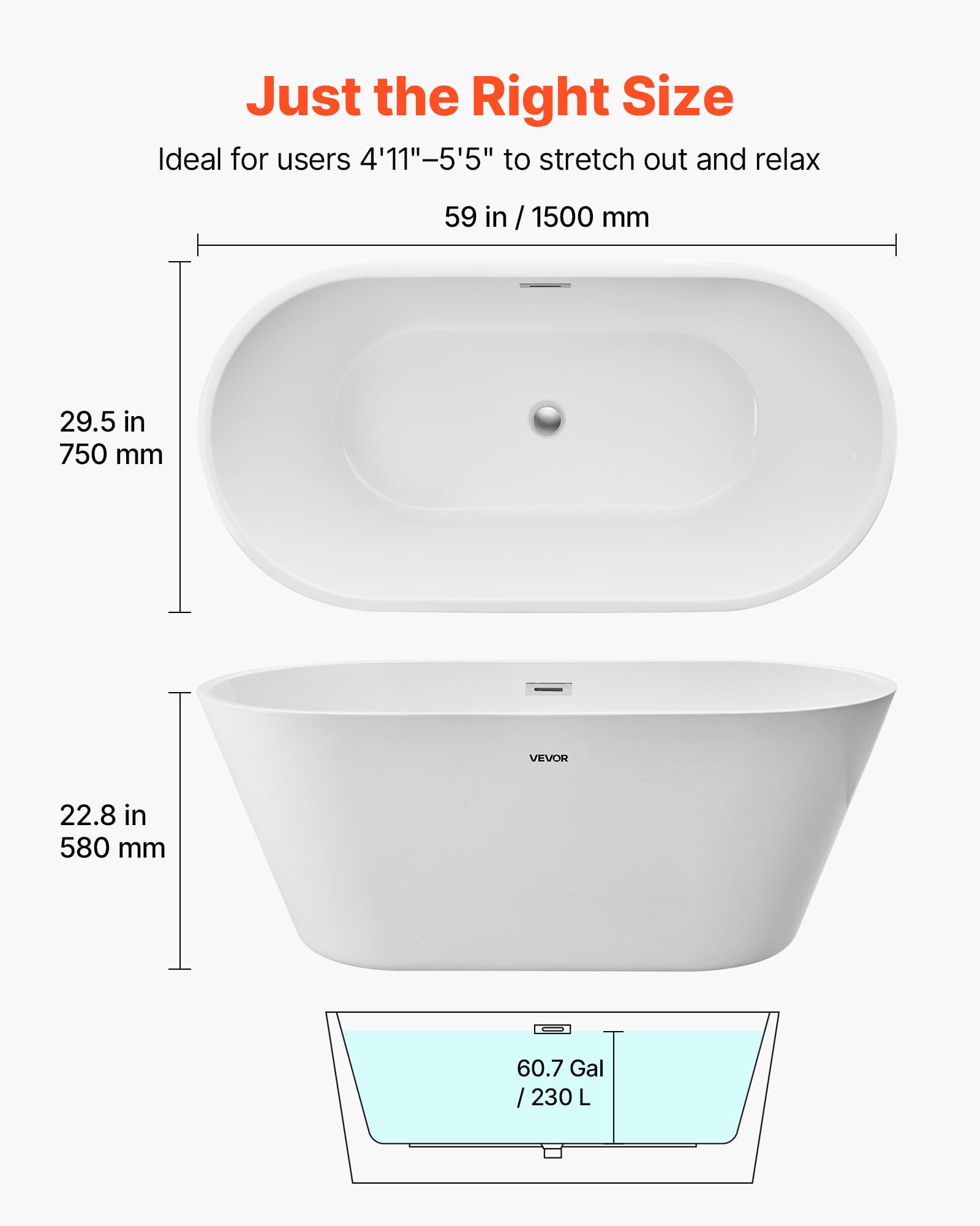 VEVOR Bañera Exenta 150 x 75 x 58 cm, Bañera Independiente Acrílica de Oval 230 L, Conjunto de Desagüe y Rebosadero con Acabado en Cromo Pulido, Diseño Elegante, para Baño Moderno Hidromasaje, Blanco