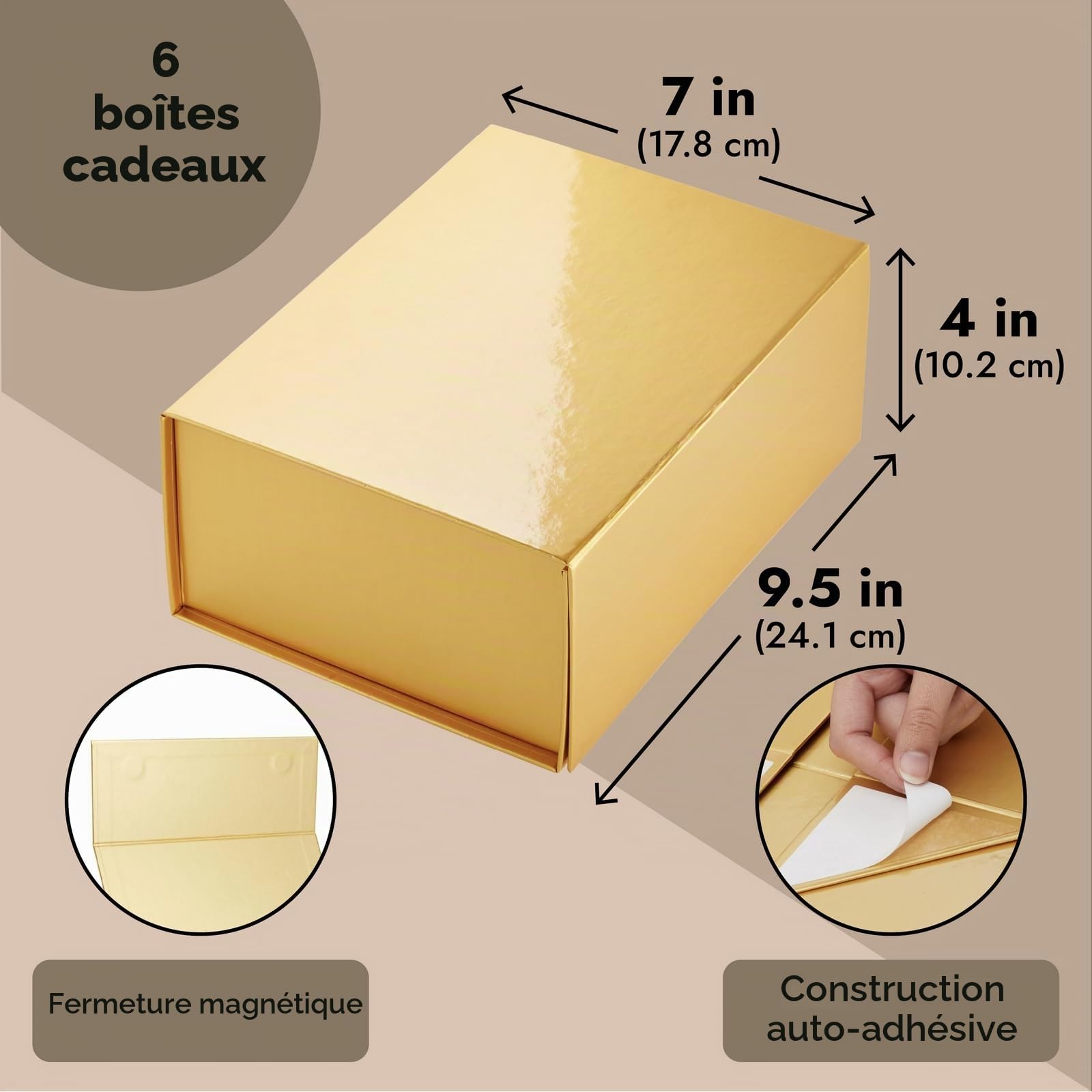 Stockroom Plus Lot de 6 boîtes cadeaux magnétiques avec couvercles pour anniversaire, mariage, témoin d'honneur et demoiselle d'honneur (24,1 x 17,8 x 10,2 cm) (doré)
