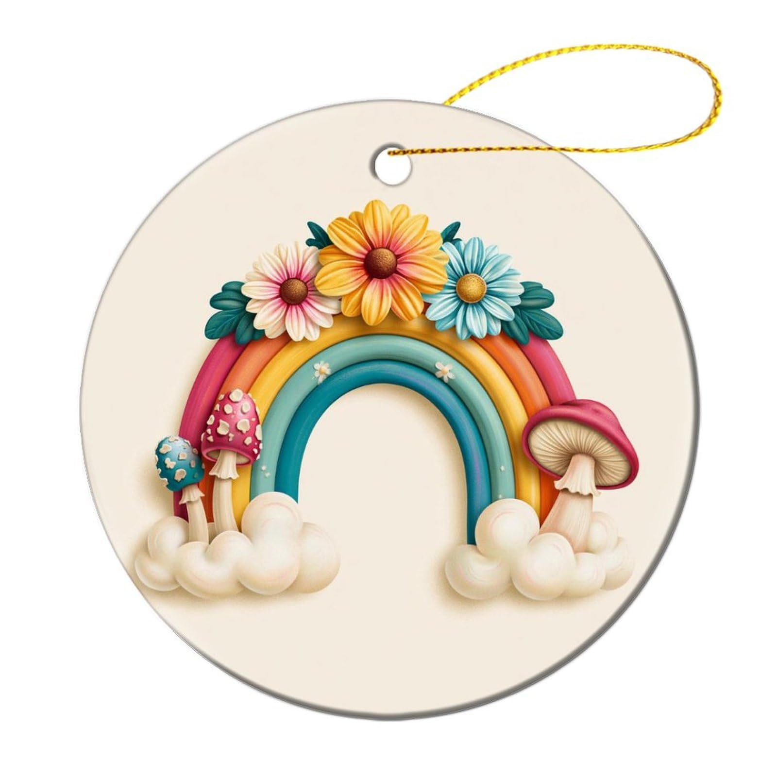 Retro Rainbow with Daisies And Mushrooms Christmas Tree Hanging Ornaments,2 Pieces, 7.2CM Round Double-Sided