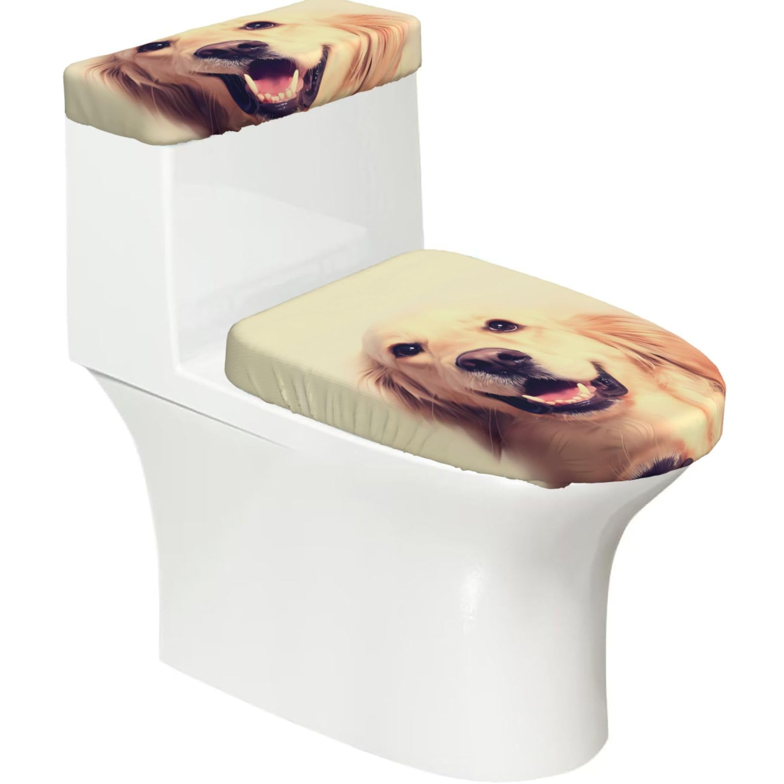 Lovely Golden Dog 2-Piece Toilet Seat Cover Set with Tank Lid - Elastic for U-Shape & Elongated - Bathroom Decor