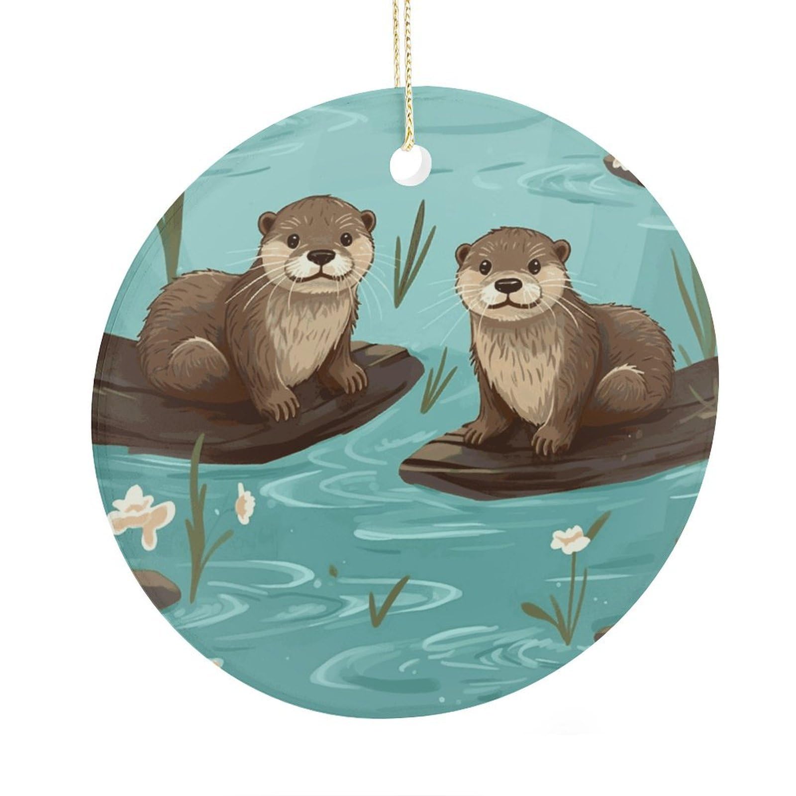 Fekiloot Style Otters Christmas Ornaments 2.9 Inch Round Ceramic Ornament Keepsake Thank You Gifts For Office, Room, Home - Holiday Present Ideas