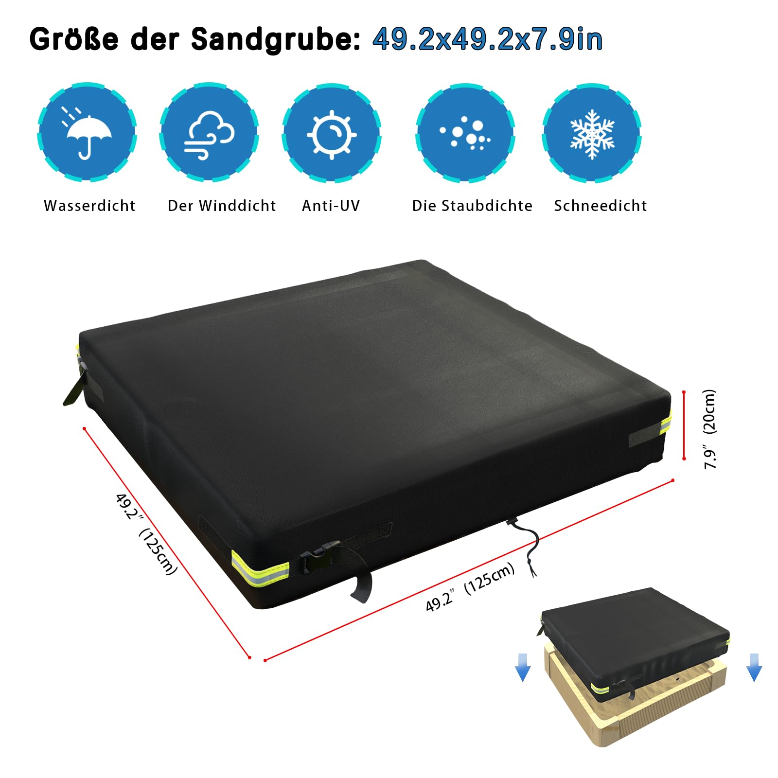Bâche de protection pour bac à sable - En tissu Oxford 600D - Revêtement en PVC imperméable et anti-UV - Avec cordon de serrage et cordon de serrage - Noir - 125 x 125 x 20 cm