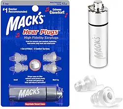 Mack's Protetores de ouvido de alta fidelidade para shows, músicos, motocicletas, sensibilidade ao ruído – 1 par (2 tamanhos de ponta confortável) – plugues escuros transparentes com capa