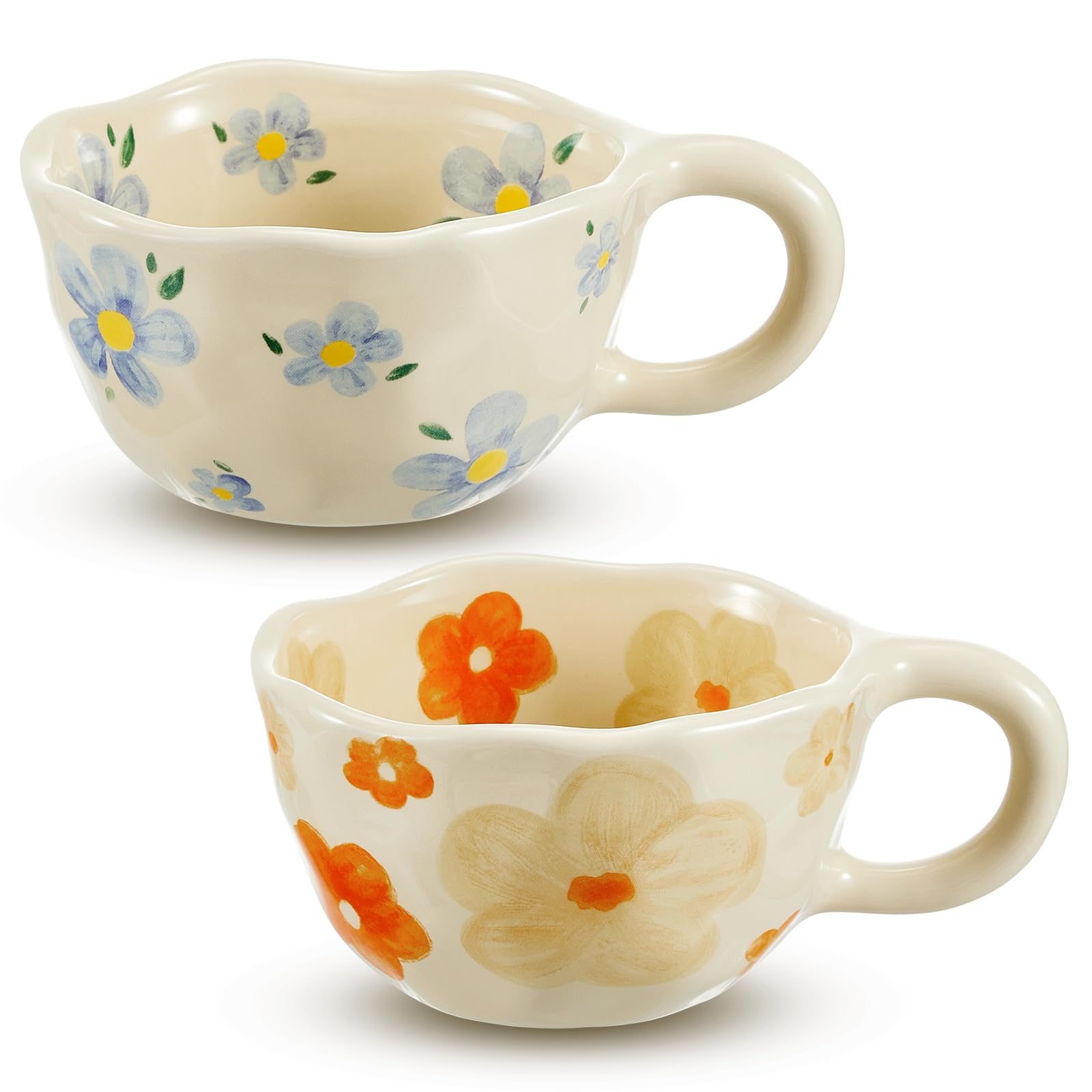 Vesici2 Pcs Ceramic Coffee Mugs Flower Cups with Spoon Vintage Floral Mugs with Handle 8.5 oz Aesthetic Tea Porcelain Cup Gift for Valentine Office Home, Dishwasher and Microwave Safe(Vivid)