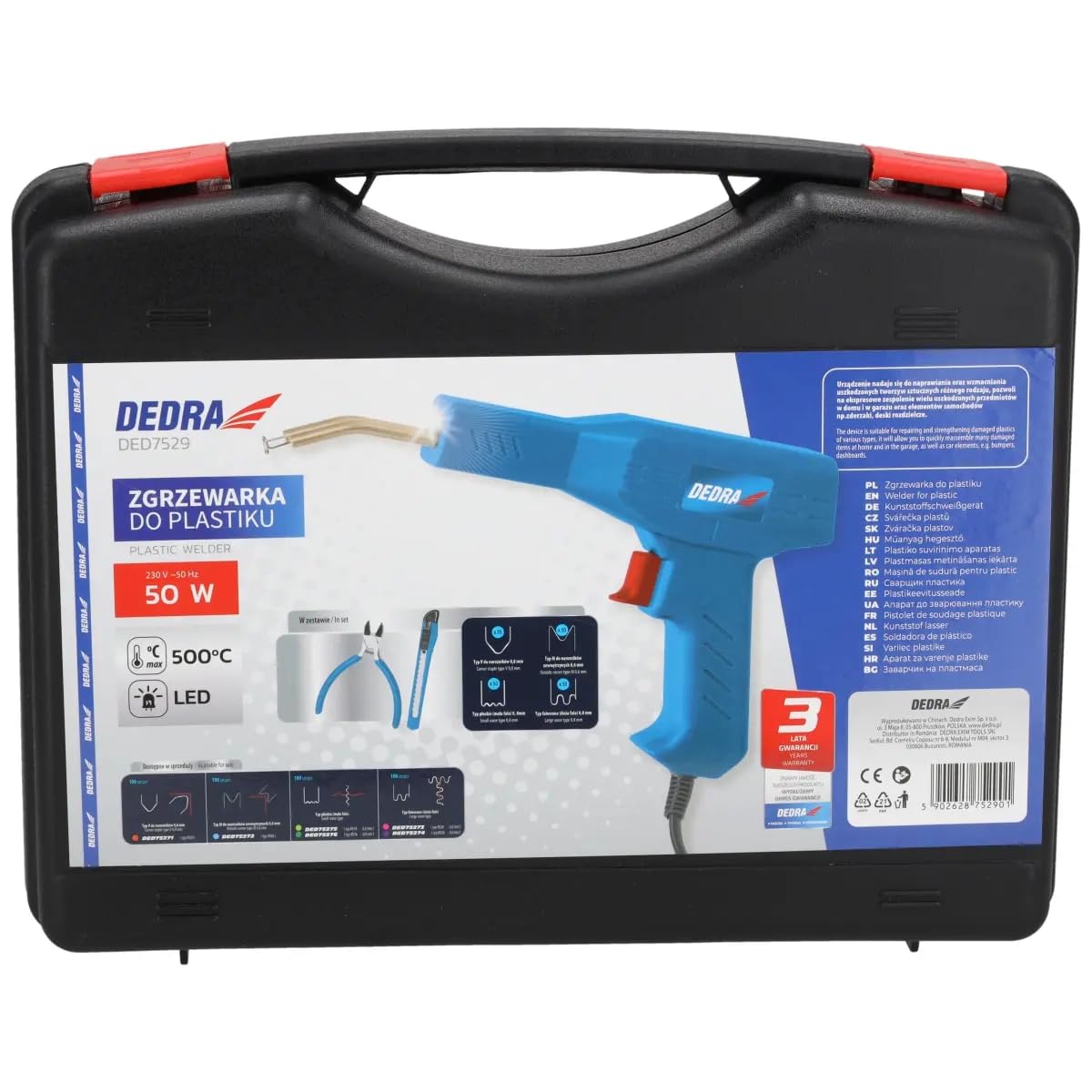 DEDRA DED7529 - Saldatrice in plastica resistente, 50 W, fino a 500 °C, set di 200 graffette, con luce LED, spina europea, 4 tipi di graffette, pinzatrice calda, saldatrice in plastica
