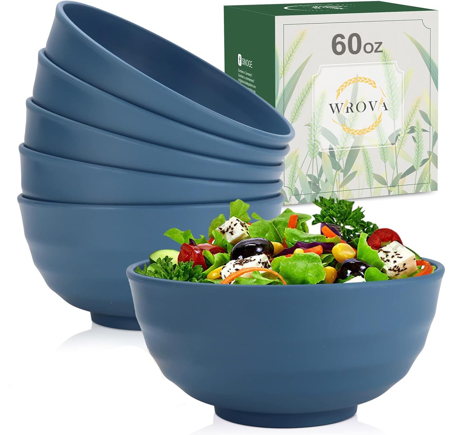 Wrova Large Bowls Set 60 OZ Unbreakable Ramen Bowls Set of 6 Microwave and Dishwasher Safe Bowls Big Bowls for Camping and Party Reusable Plastic Bowl for Serving Ramen and Salad - Blue