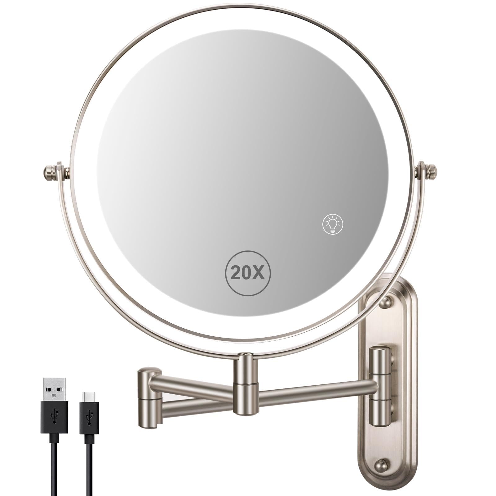 VORREMIRR Wandmontierter Make-up-Spiegel, 1x/20x Vergrößerungsspiegel mit 8,5" Doppelseitig, Eitelkeit Make-up-Spiegel für Badezimmer, gebürstetes Nickel