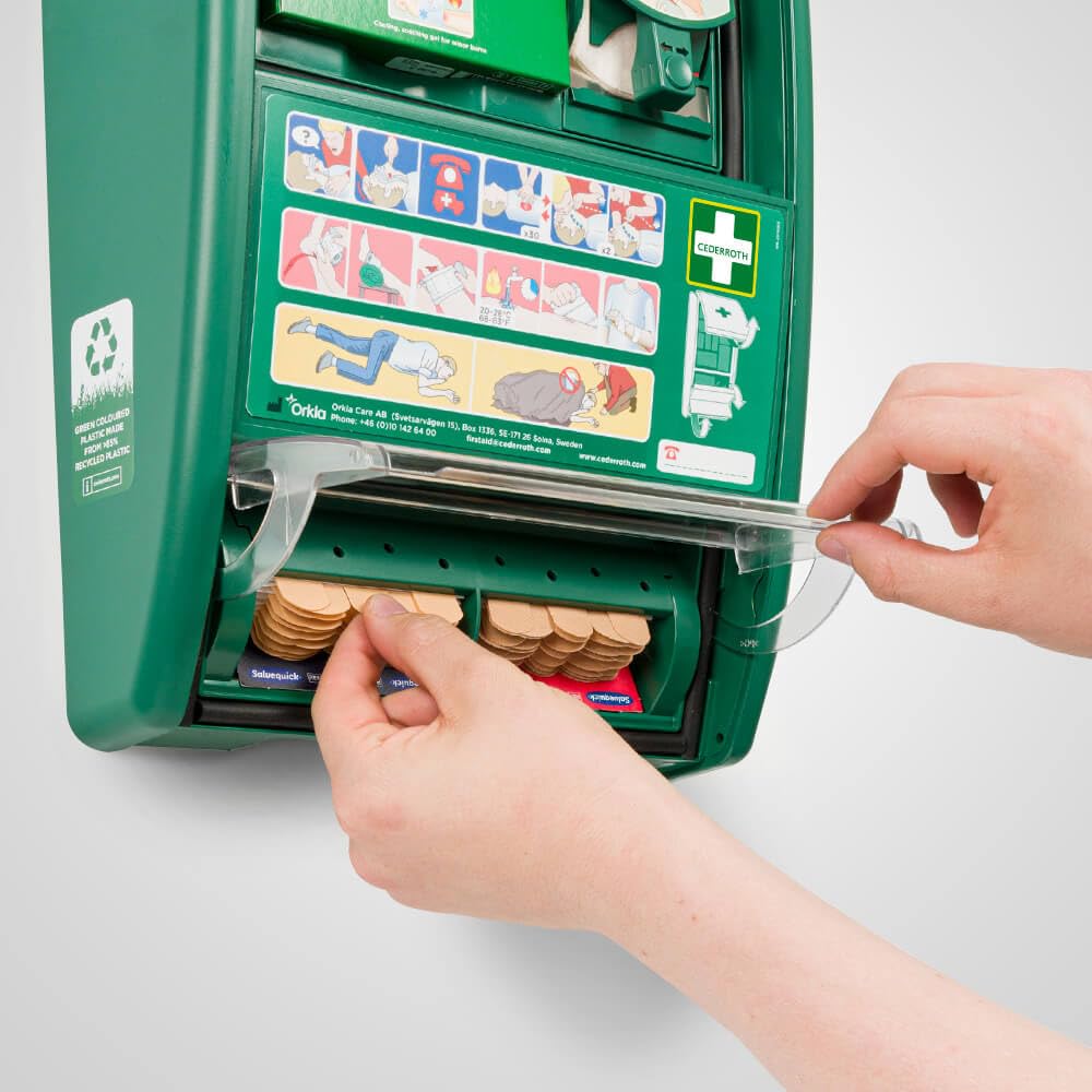 CEDERROTH Erste-Hilfe-Station First Aid, mit Füllung, grün, 29 x 12 x 56 cm aus Kunststoff, Art.-Nr. 51011026 | Erste Hilfe Schrank | Verbandsschrank | Sanitätswandschrank