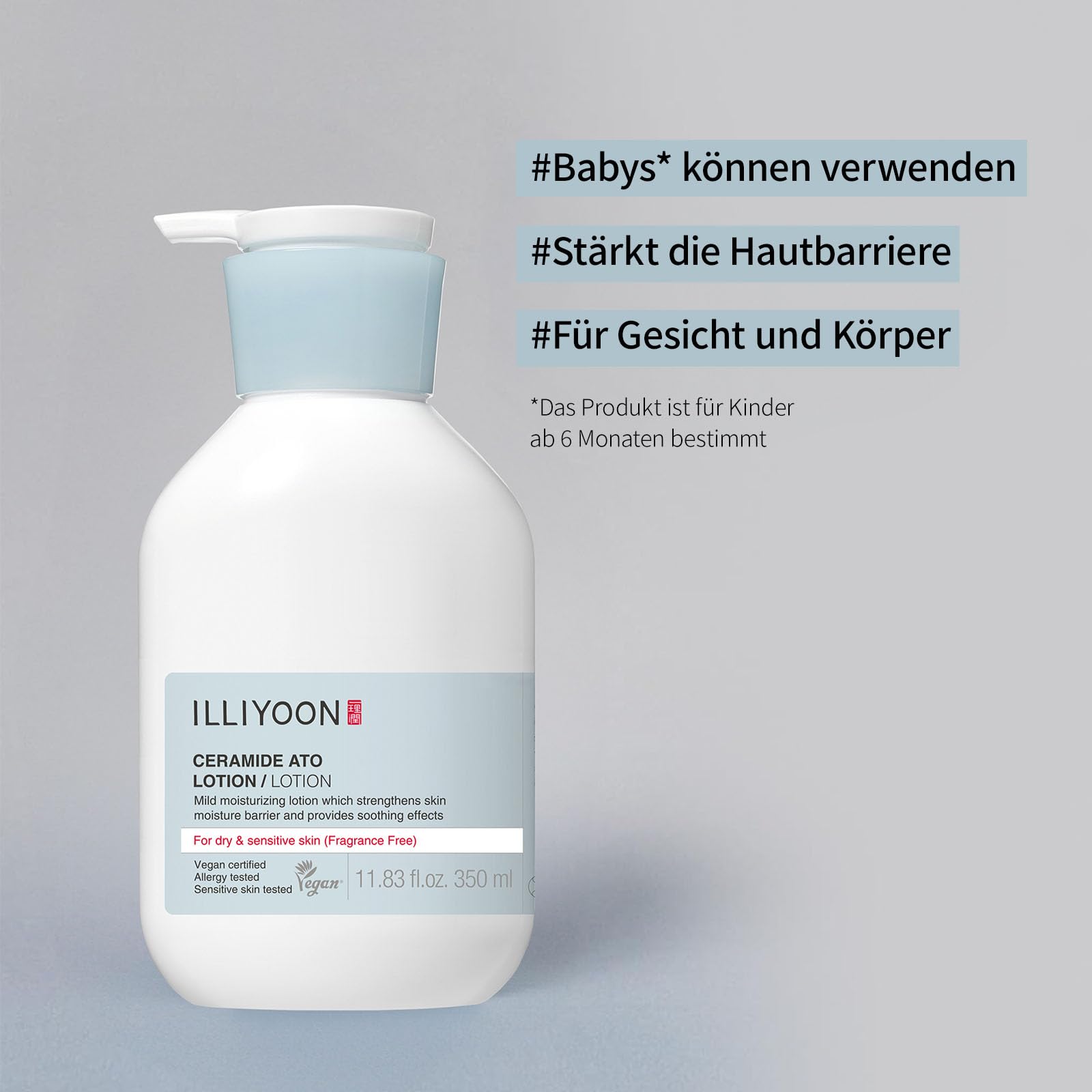 ILLIYOON Ceramide Ato Lotion 350ml, Stärkung & Wiederherstellung der Hautbarriere, Soja Ceramide für trockene empfindliche Haut, Sanfte Feuchtigkeitscreme für Kinder und Erwachsene, Vegan, Duftfrei