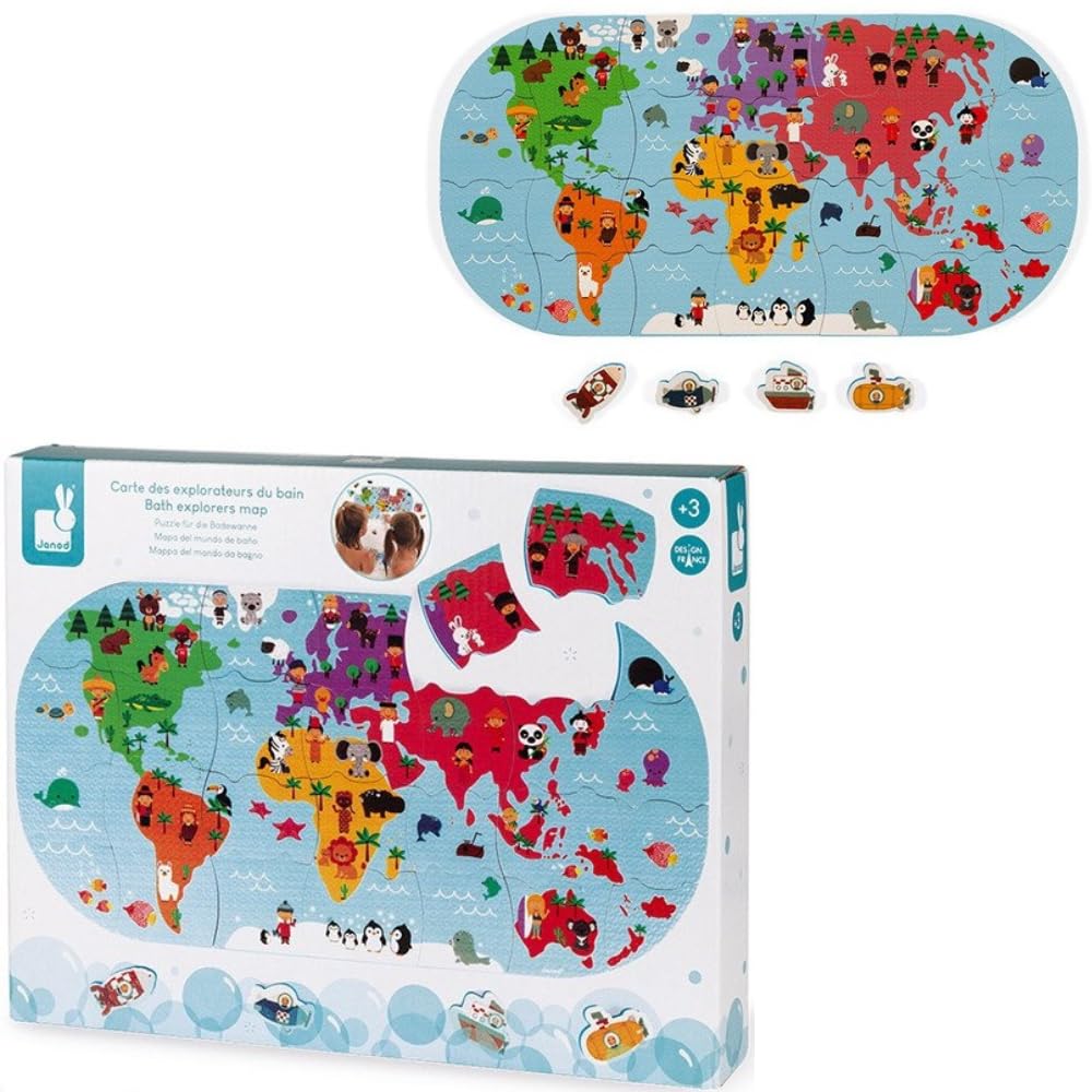 Janod - Bath Explorers Map - Early Years Bath Toy - Handling and Dexterity - Ages 3 and Up, J04719