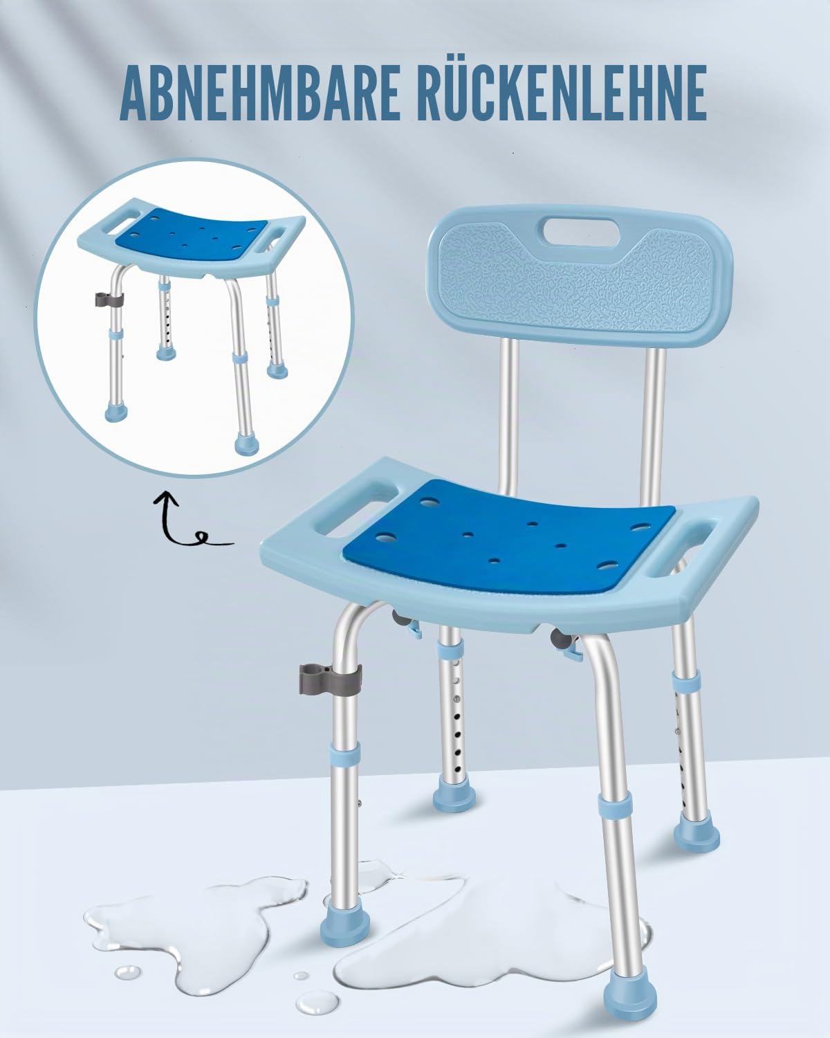 Duschhocker mit Abnehmbarer Rückenlehne, Duschstuhl für Senioren 150KG Belastbar, Höhenverstellbar 34-50cm, Aluminium Duschsitz, Badestuhl, Badehocker für Badewannen