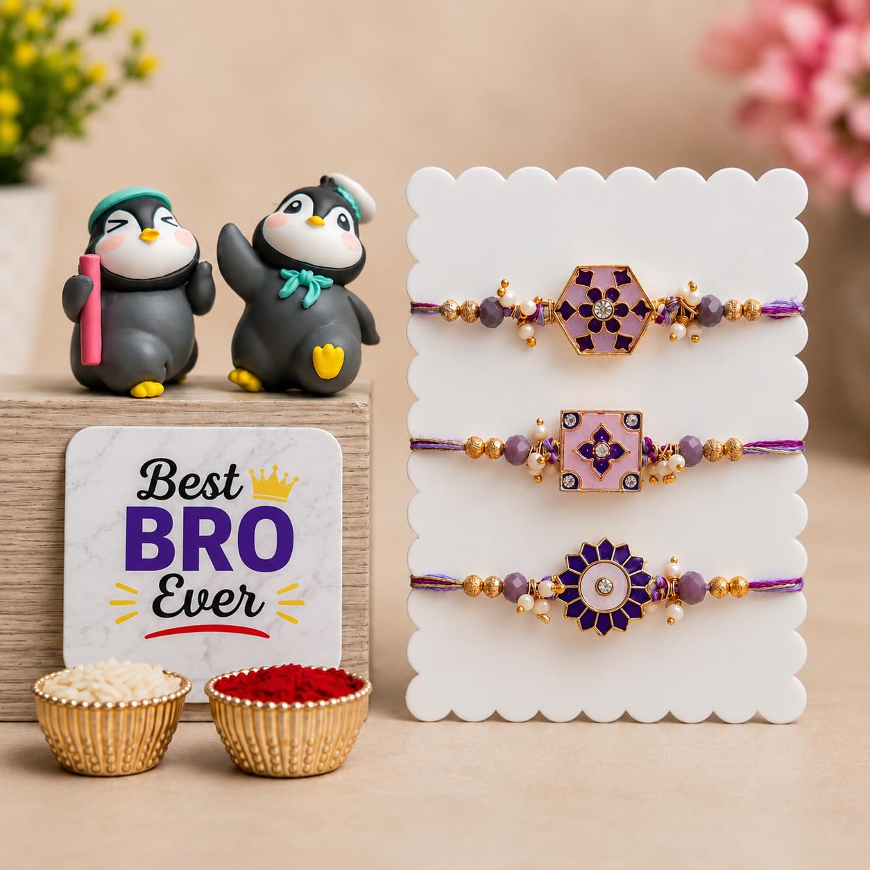 eCraftIndia Designer Rakhi Set of 3 for Brother with Best Bro Ever Fridge Magnet & Cute Penguin Showpieces | Premium Beaded Fancy Rakhi Combo | Raksha Bandhan Gift Set for Bhai