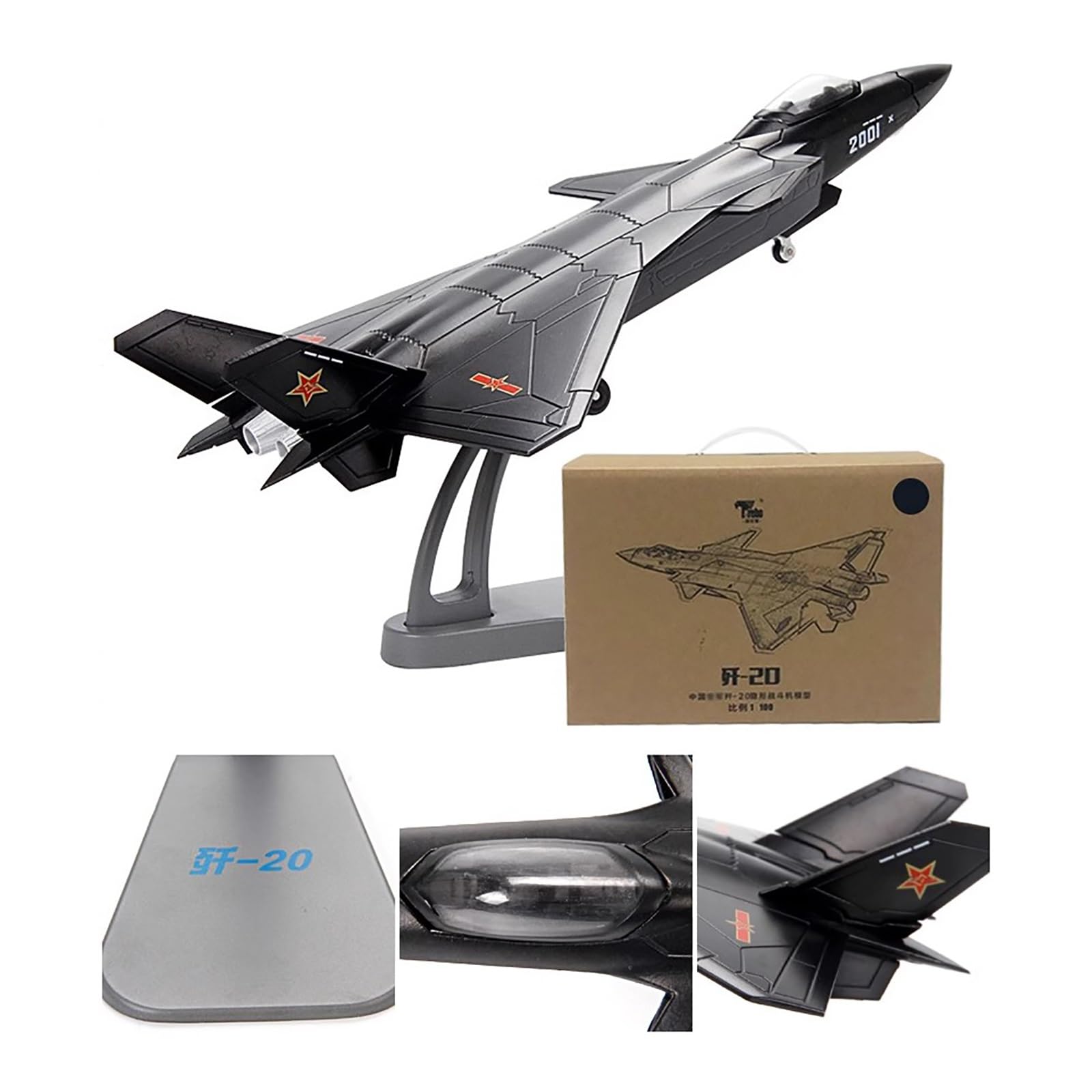 J-20 w skali 1/100 samolot szturmowy, wersja malowana, strategiczne metalowe myśliwce transportowe, wojskowy model ze stojakiem, samolot odlewany ciśnieniowo dla entuzjastów, dorosłych(Black)