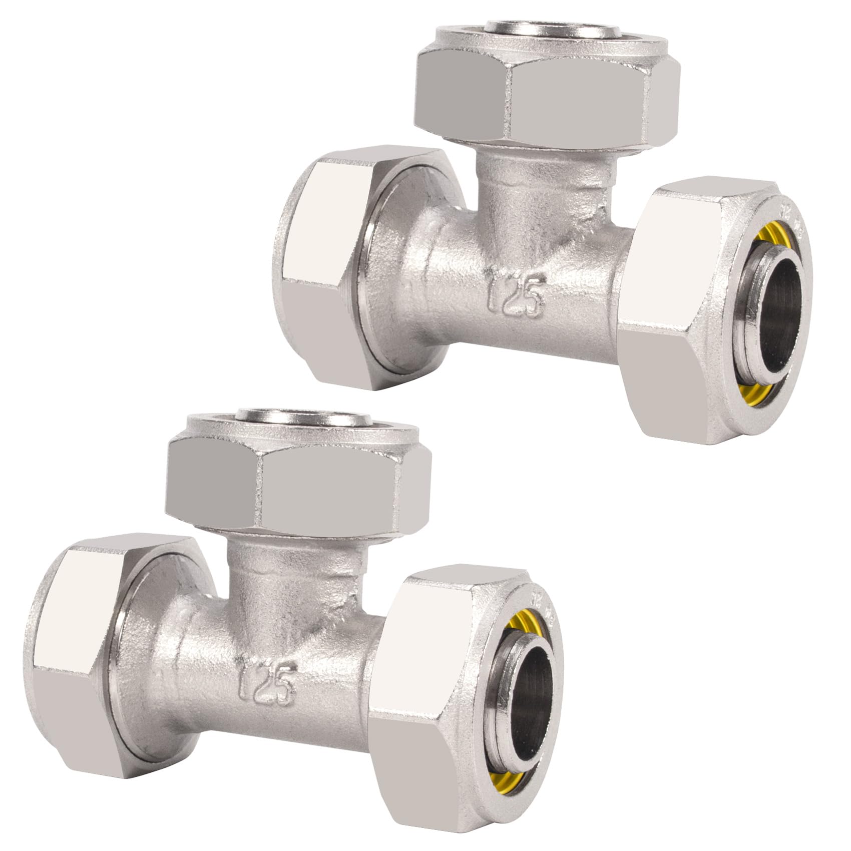 2PCS 3/4’’ Air Line Fittings for Shop Garage, 3/4’’ Tubing Tee Air Piping Fittings Fit for Compressed Air Tube System, Brass-Nickel Plated, 200PSI