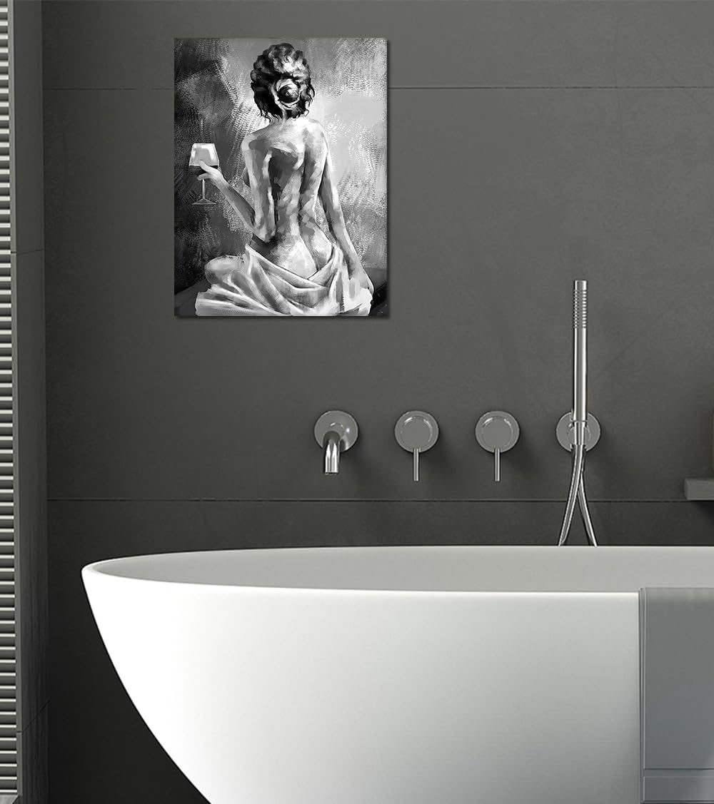 Yeesjoee Sexy Nude Abstract Women Body Wall Art, Black and White Canvas Printing, Elegant Female Back with Wine Glass Posters, Wall Decor for Bedroom Bar Apartment, 12x16 in Framed